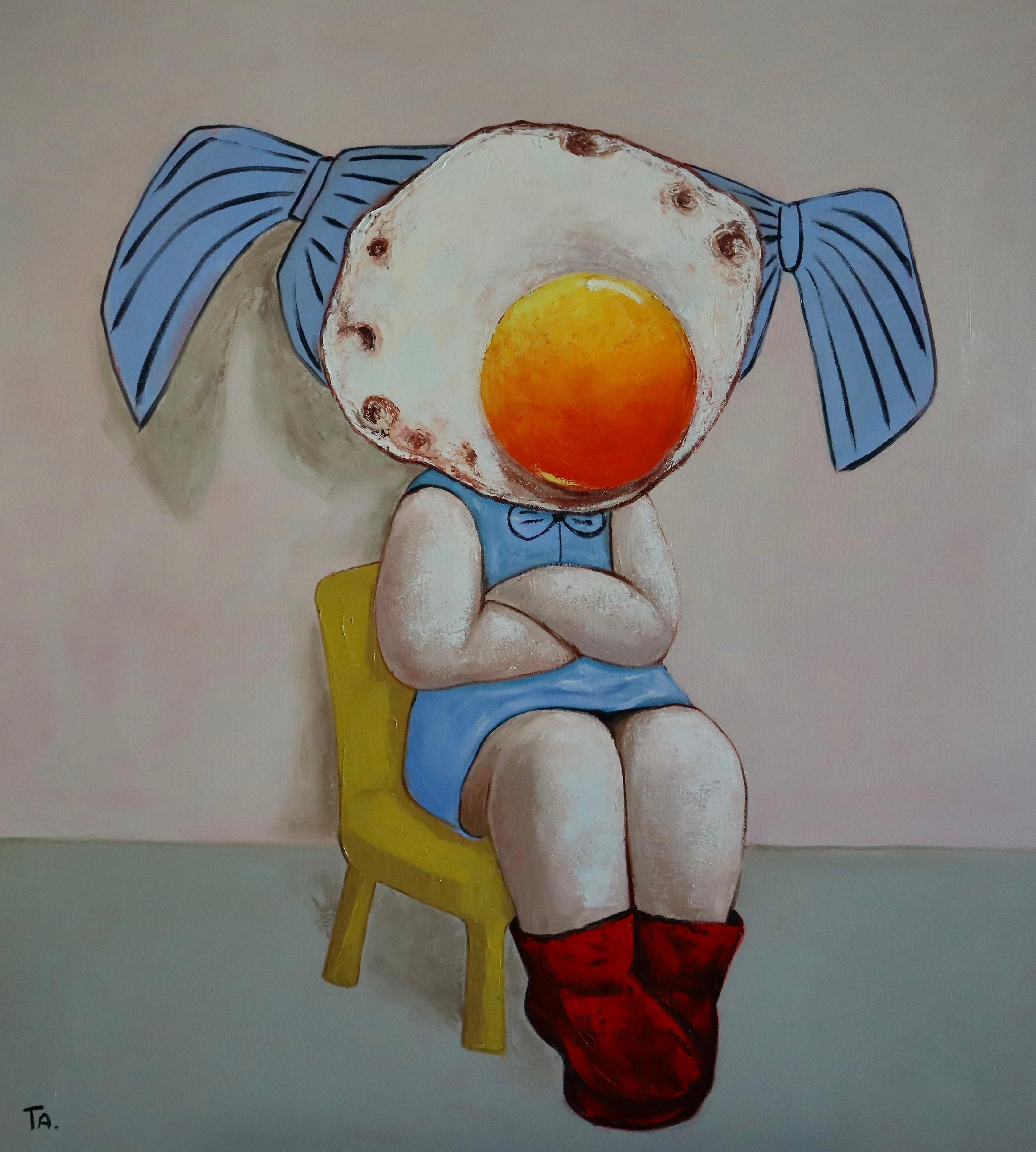 Suthamma (Ta) Byrne Portrait Painting - Egg girl in ponytails