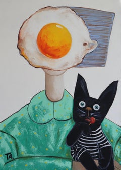 Egg girl with her black cat