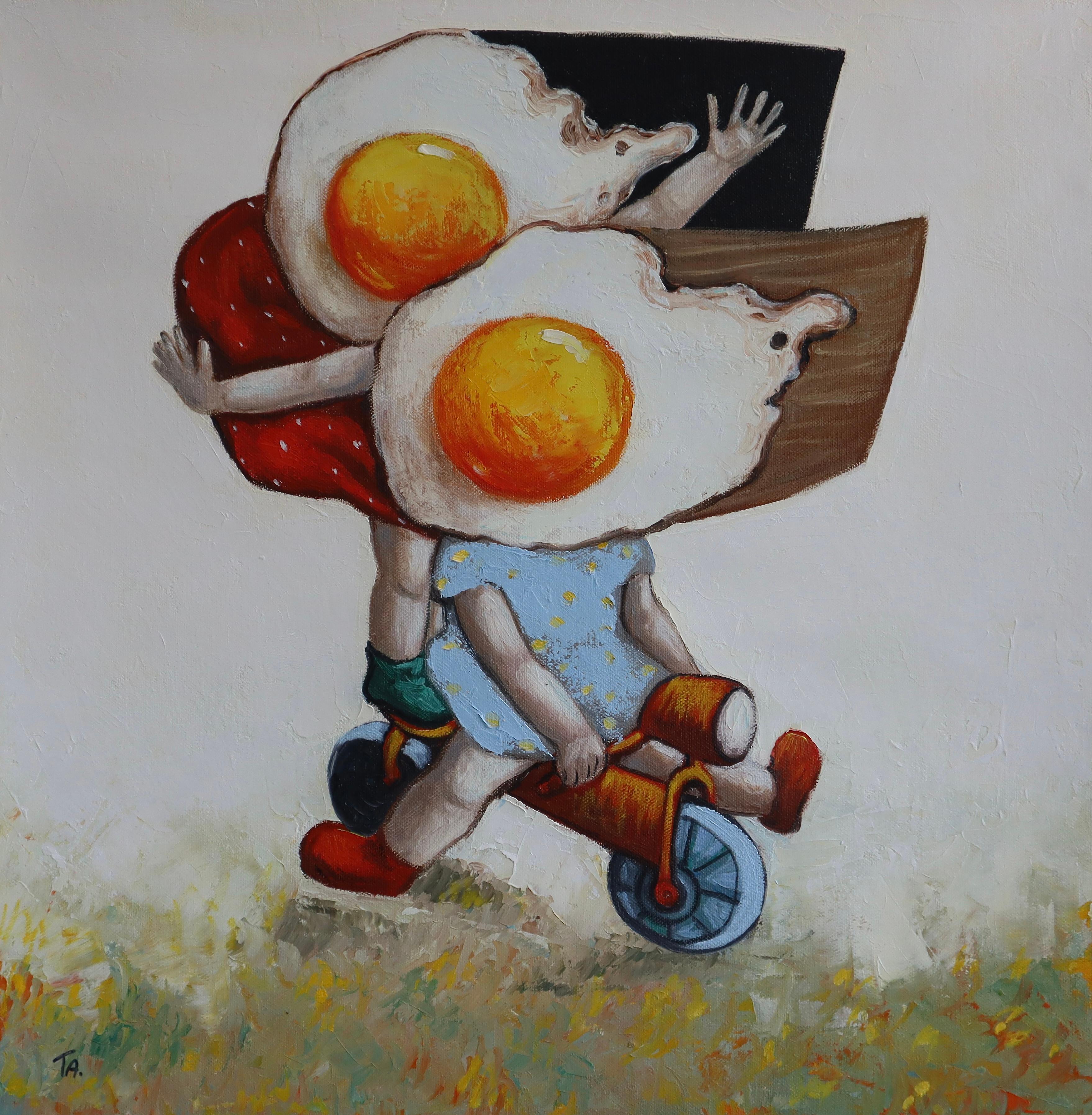Suthamma (Ta) Byrne Figurative Painting – Egg Girls auf einem Fahrrad