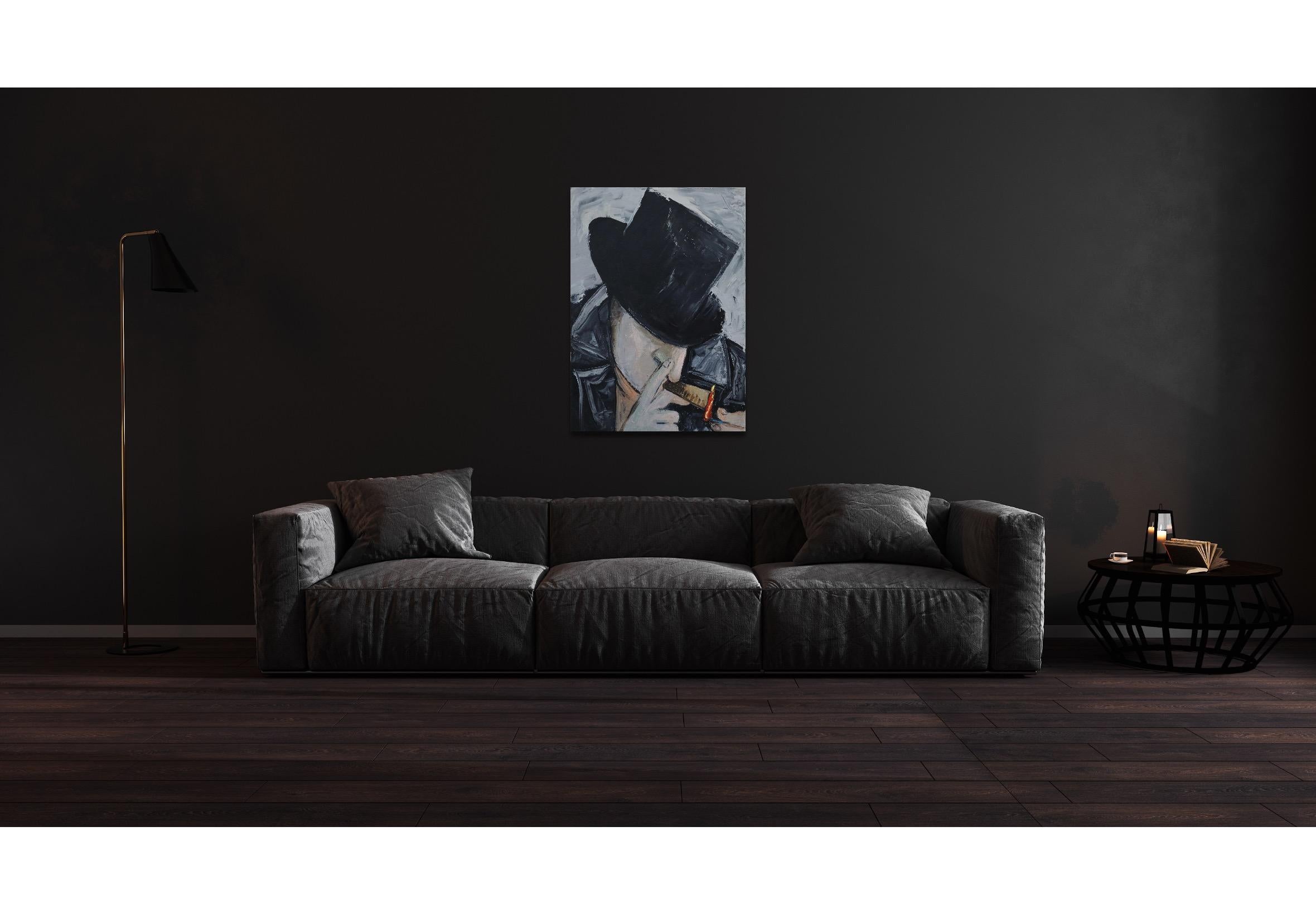 Man in black - Black Figurative Painting by Suthamma (Ta) Byrne
