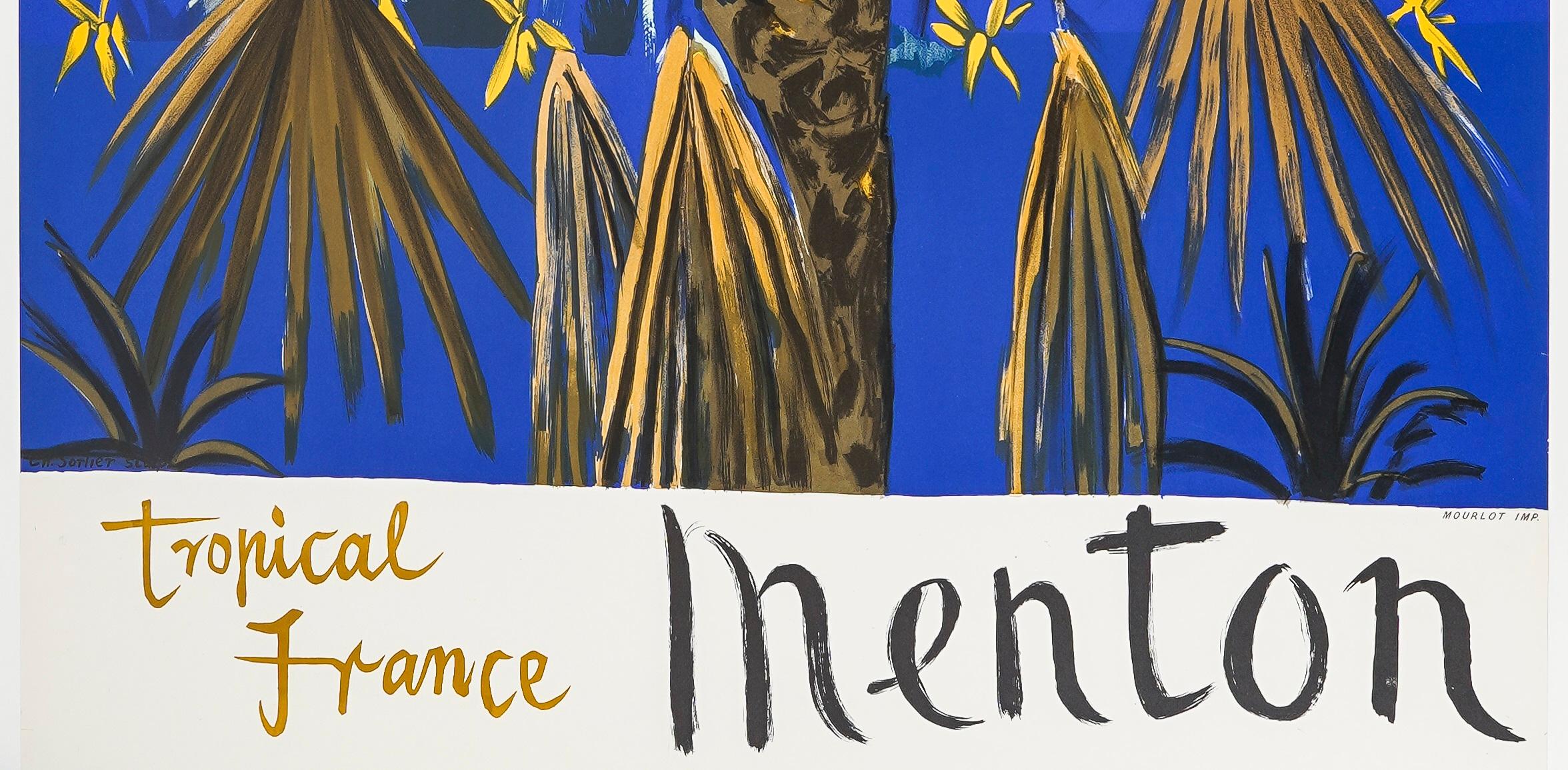 Mid-Century moderno Sutherland, Poster di viaggio originale, Mentone Costa Azzurra, Spiaggia, Palme 1964 in vendita