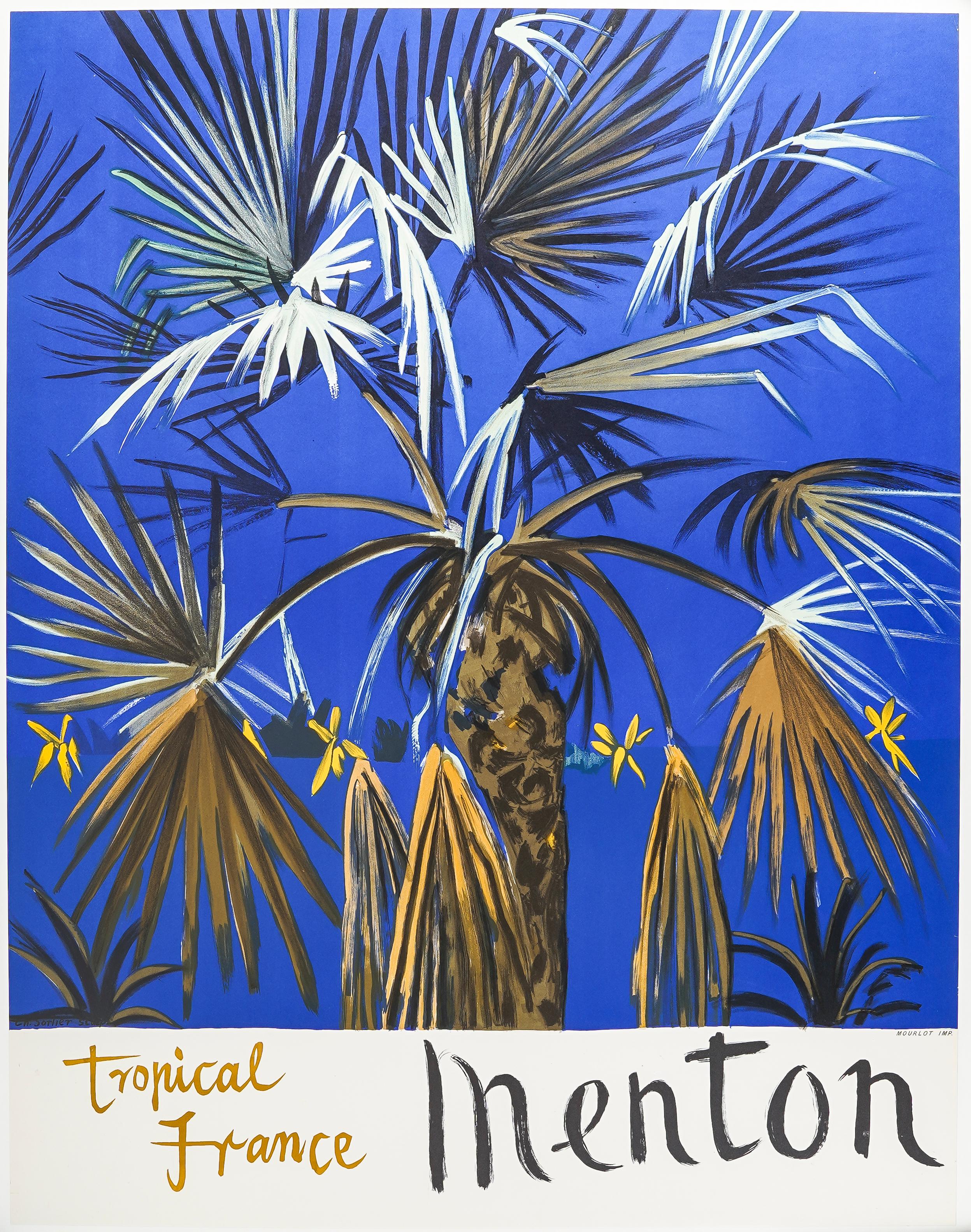 Francese Sutherland, Poster di viaggio originale, Mentone Costa Azzurra, Spiaggia, Palme 1964 in vendita