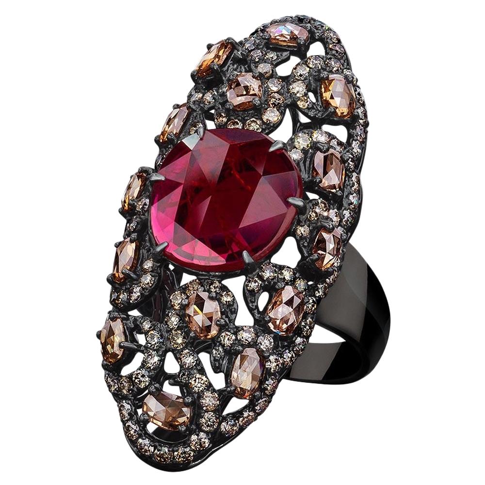 Sutra 18 Karat Blackened Gold Oval Ruby Ring 2.97 Carat with Brown Diamonds For Sale