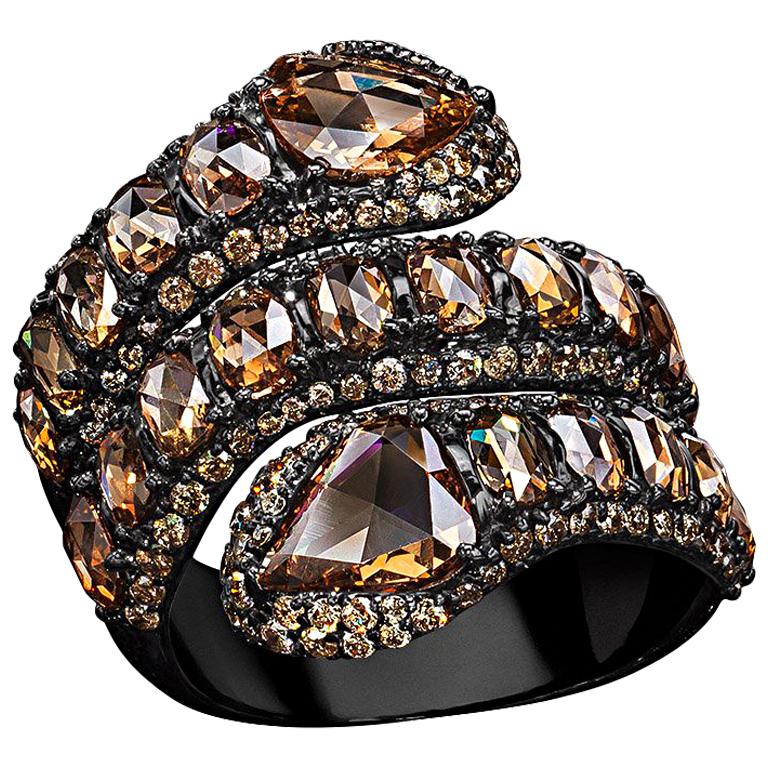 Sutra 18 Karat Blackened Gold with Brown Diamonds Double Serpent Ring