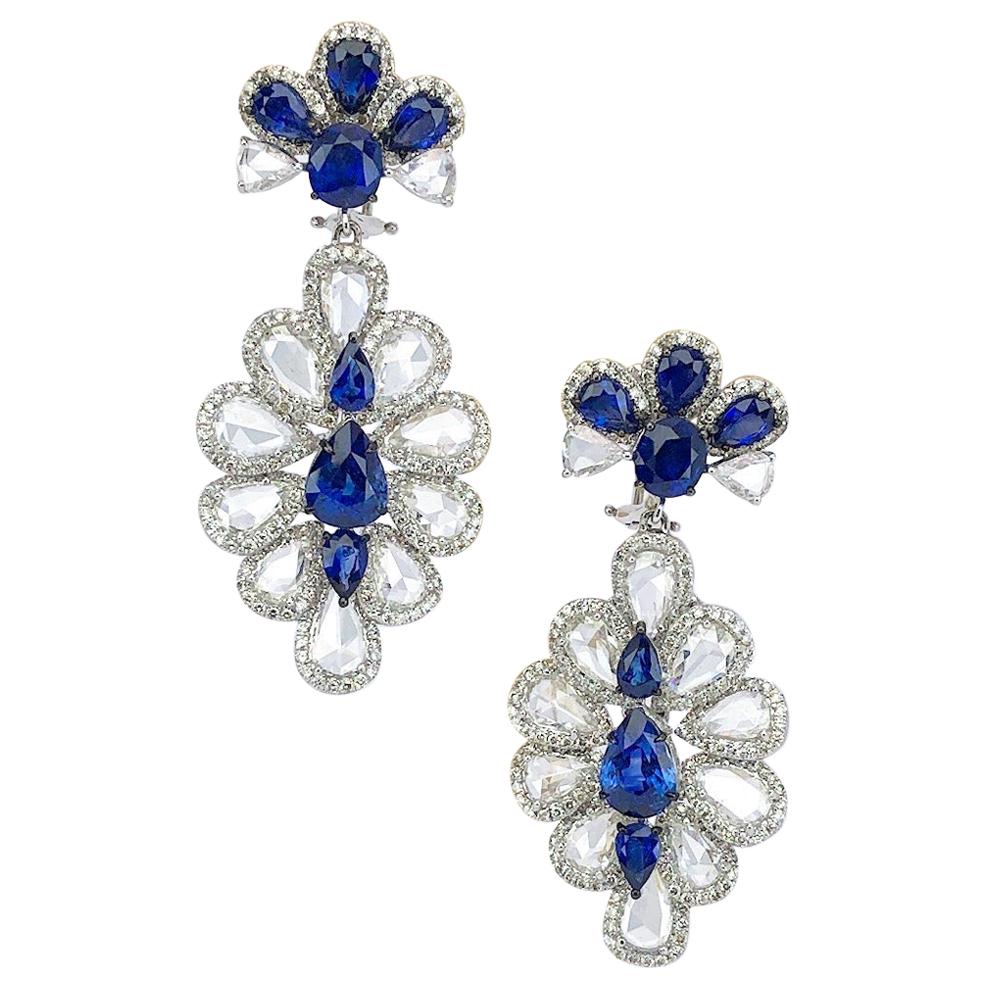 Sutra 18 Karat Gold Flower Drop Earrings with Rose Cut Diamonds and Sapphires For Sale