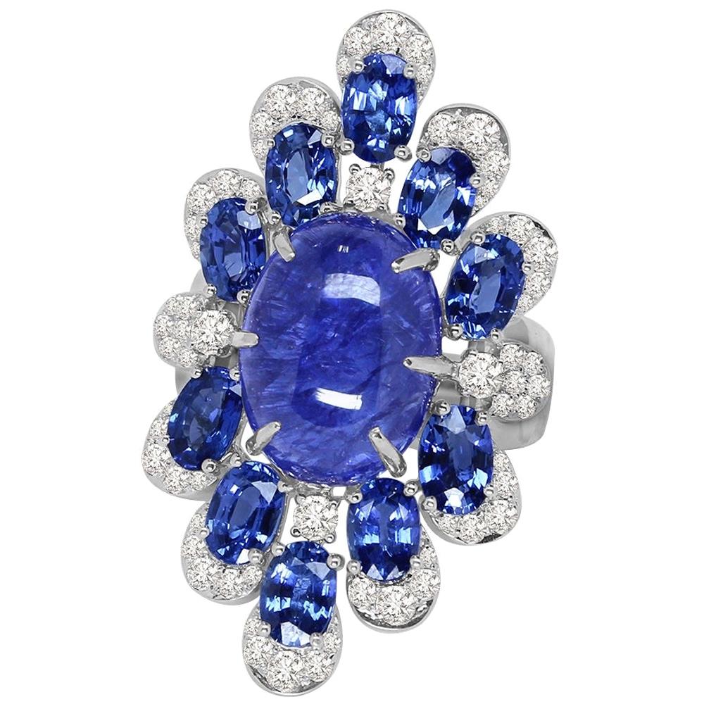 Sutra 18 Karat Gold Ring with Cabochon Tanzanite, Blue Sapphires and Diamonds