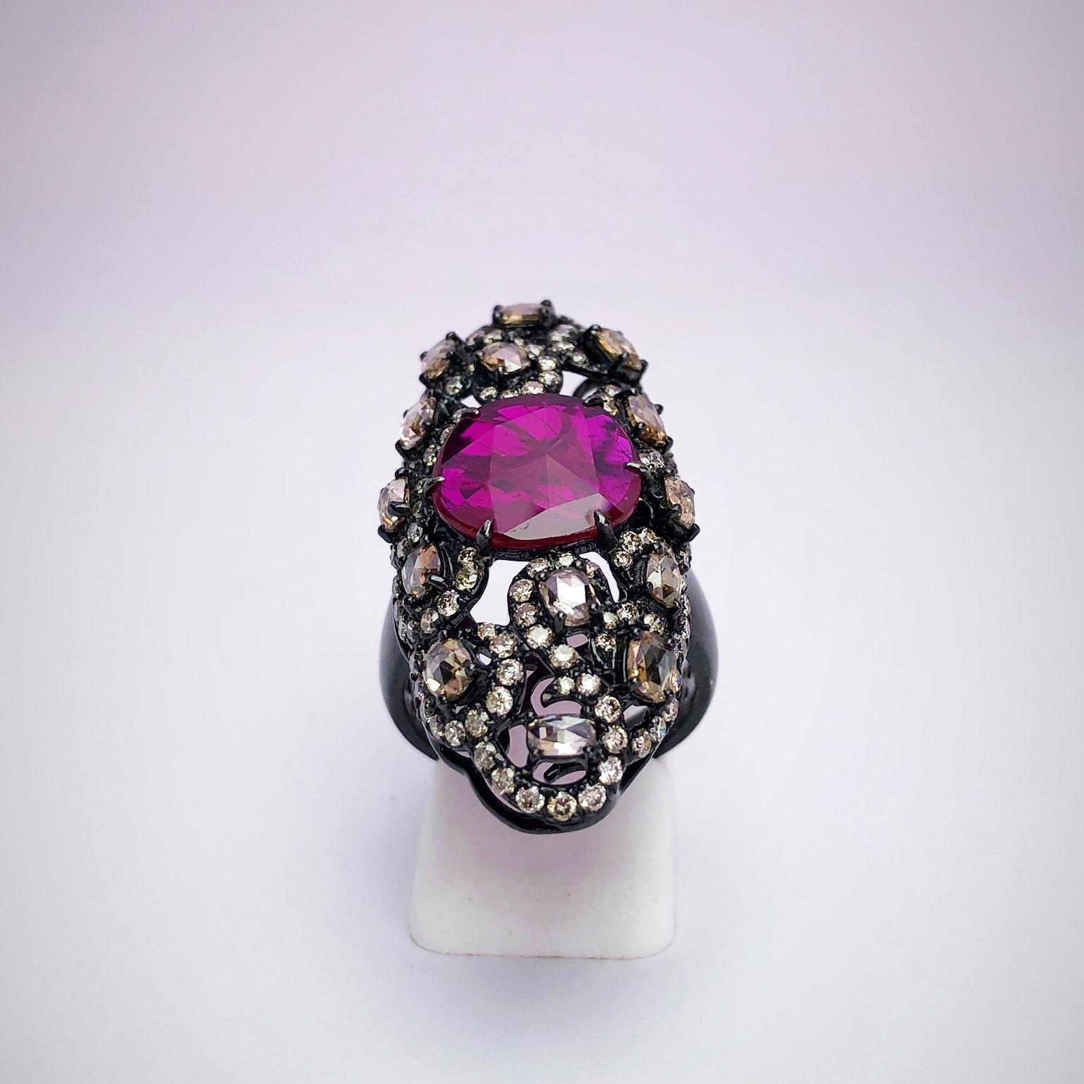 Oval Cut Sutra 18 Karat Blackened Gold Oval Ruby Ring 2.97 Carat with Brown Diamonds For Sale