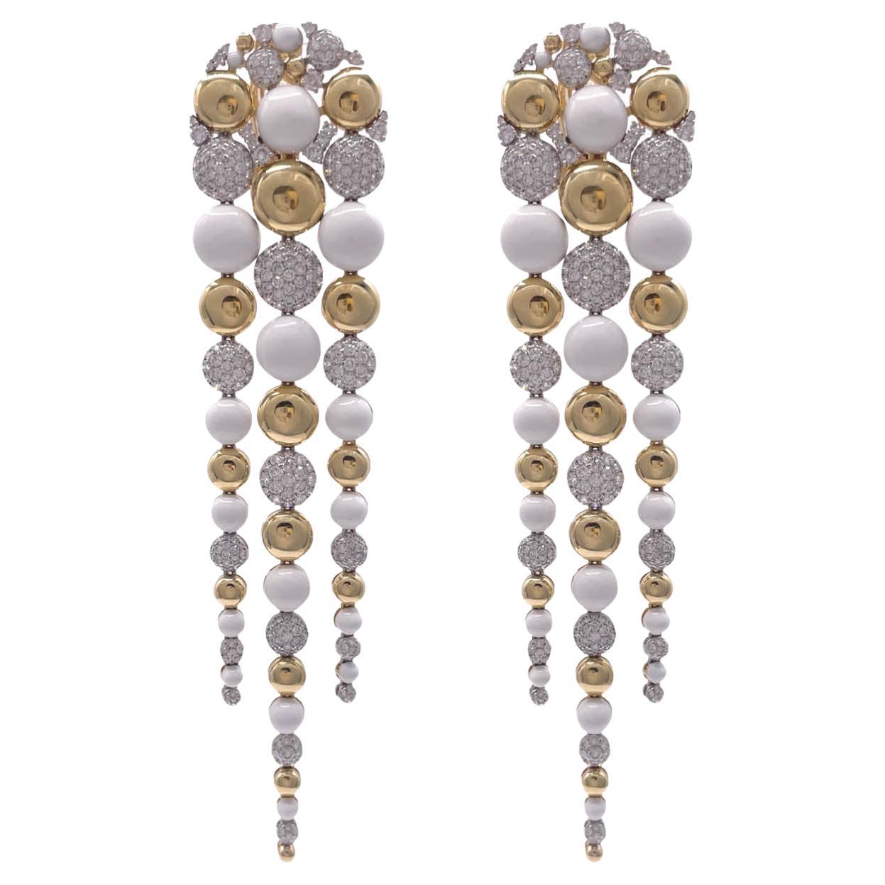 Sutra 18k Two Tone Gold Diamond White Ceramic Bubble Drop Dangle Earrings For Sale