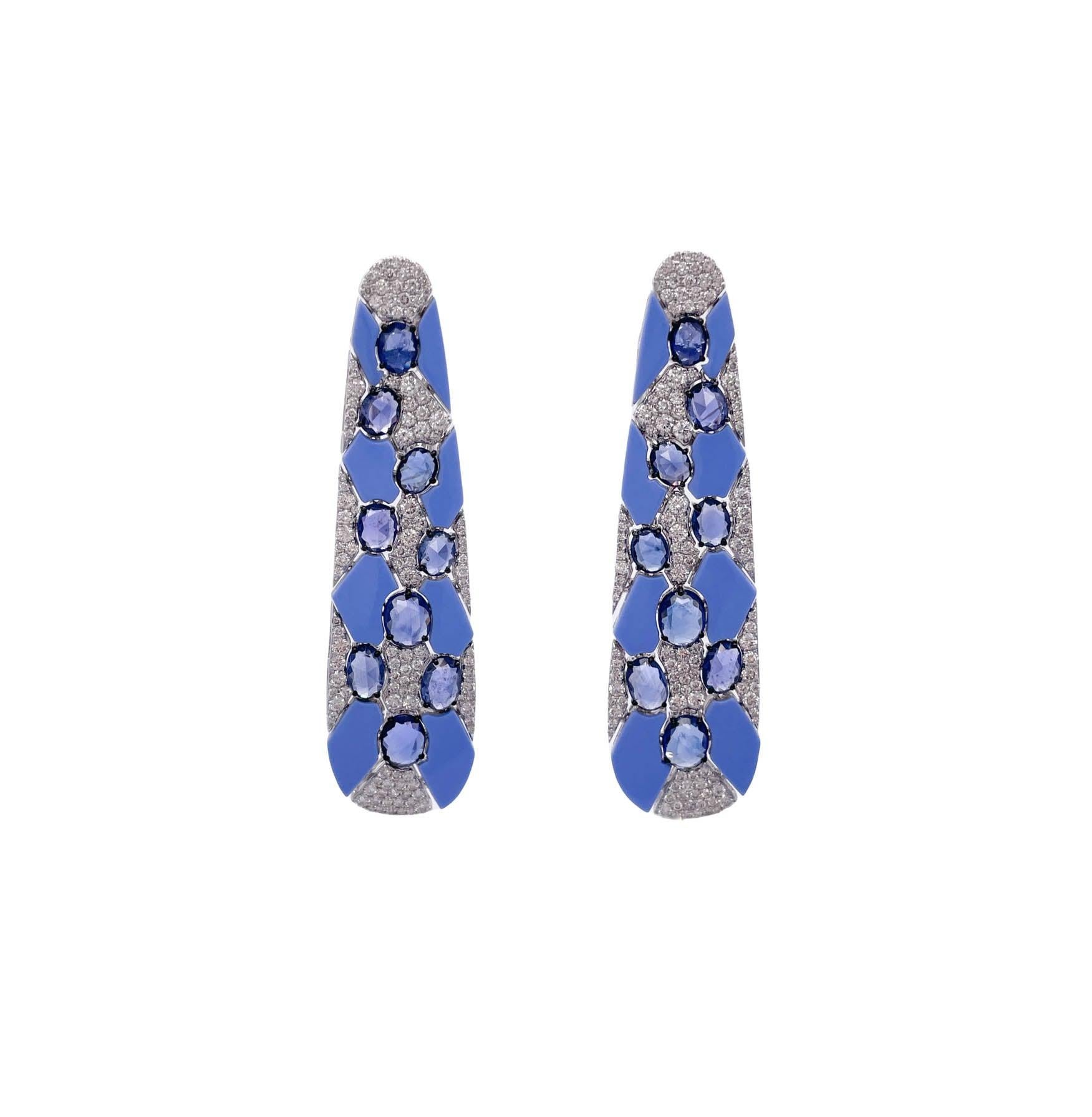 Mixed Cut Sutra 18k White Gold Blue Sapphire and Diamond Blue Ceramic Earrings For Sale