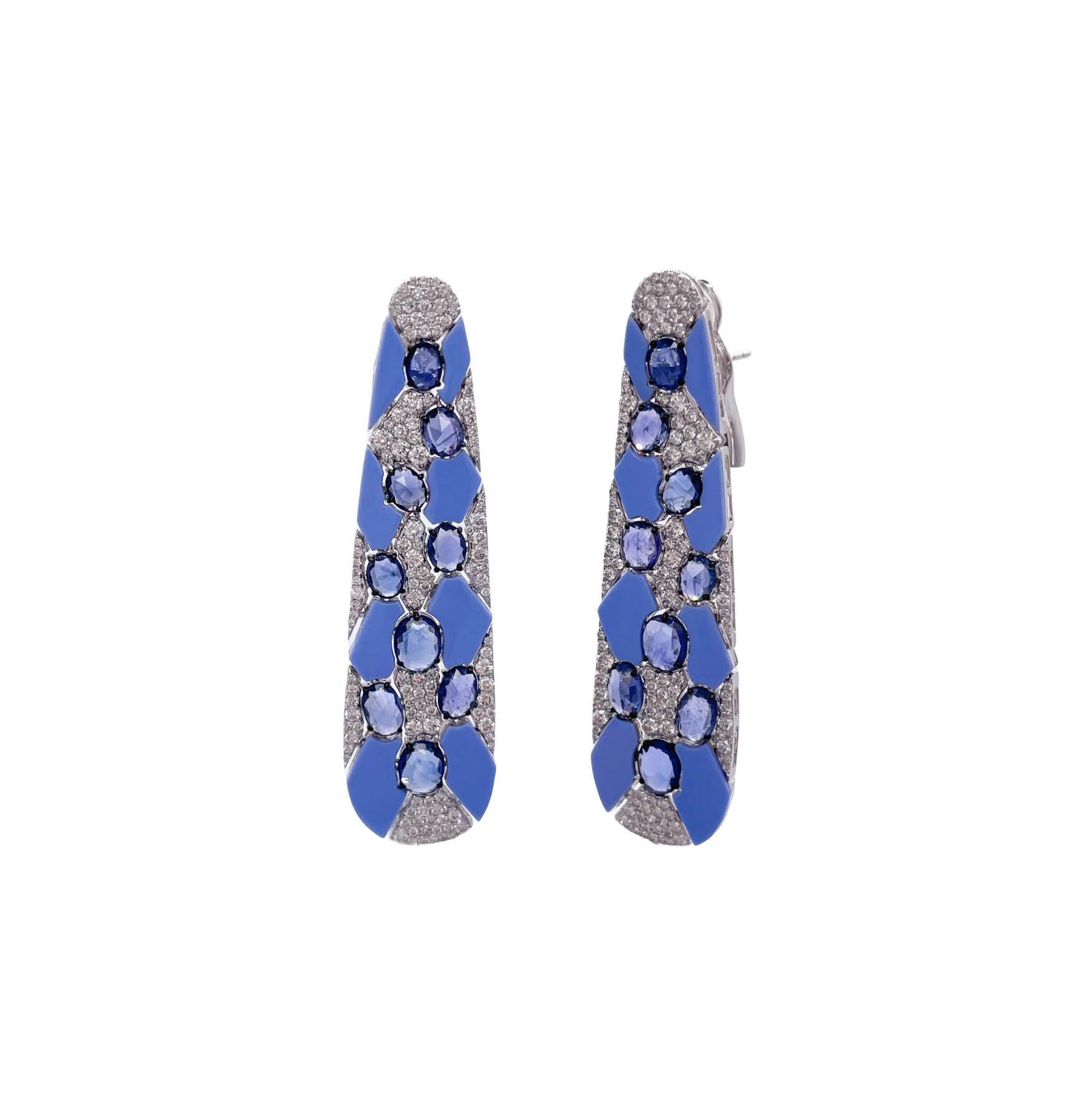 Sutra 18k White Gold Blue Sapphire and Diamond Blue Ceramic Earrings In Good Condition For Sale In Boca Raton, FL