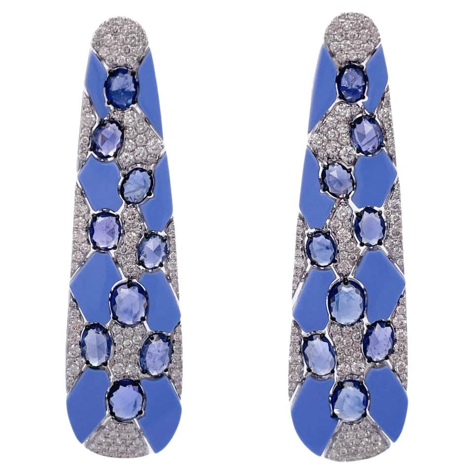 Sutra 18k White Gold Blue Sapphire and Diamond Blue Ceramic Earrings
