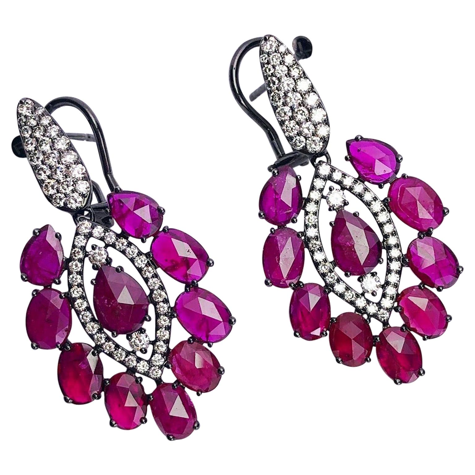 Sutra 18kt Blackened Gold 12.25 Carat Ruby and 1.48 Carat, Diamond Drop Earrings