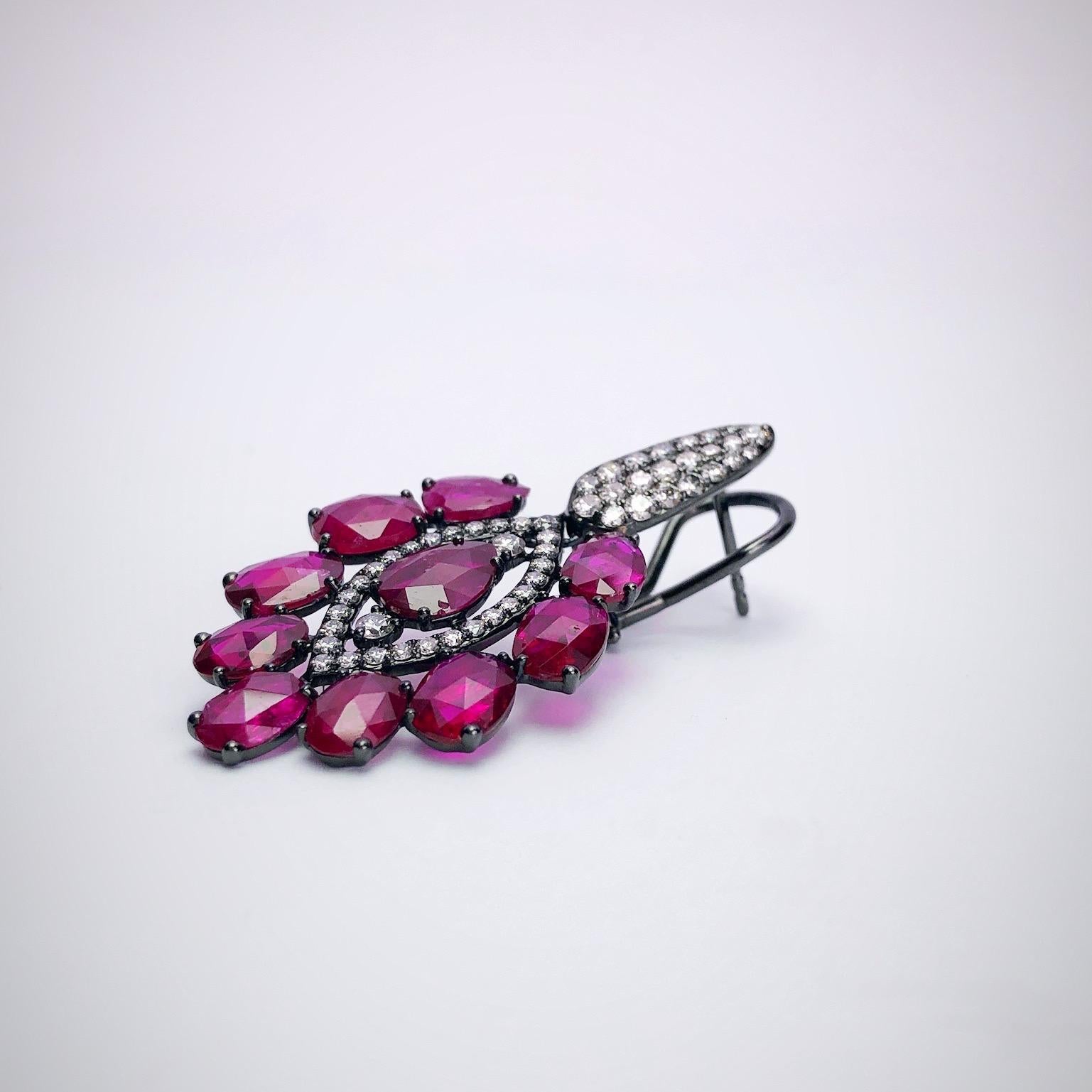 Modern Sutra 18kt Blackened Gold 12.25 Carat Ruby and 1.48 Carat, Diamond Drop Earrings For Sale