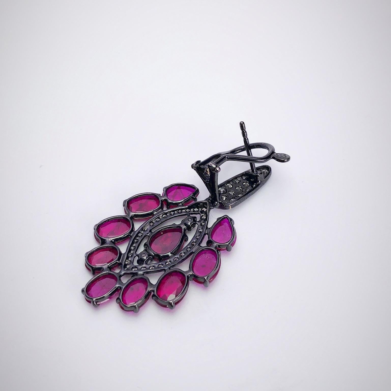 Marquise Cut Sutra 18kt Blackened Gold 12.25 Carat Ruby and 1.48 Carat, Diamond Drop Earrings For Sale