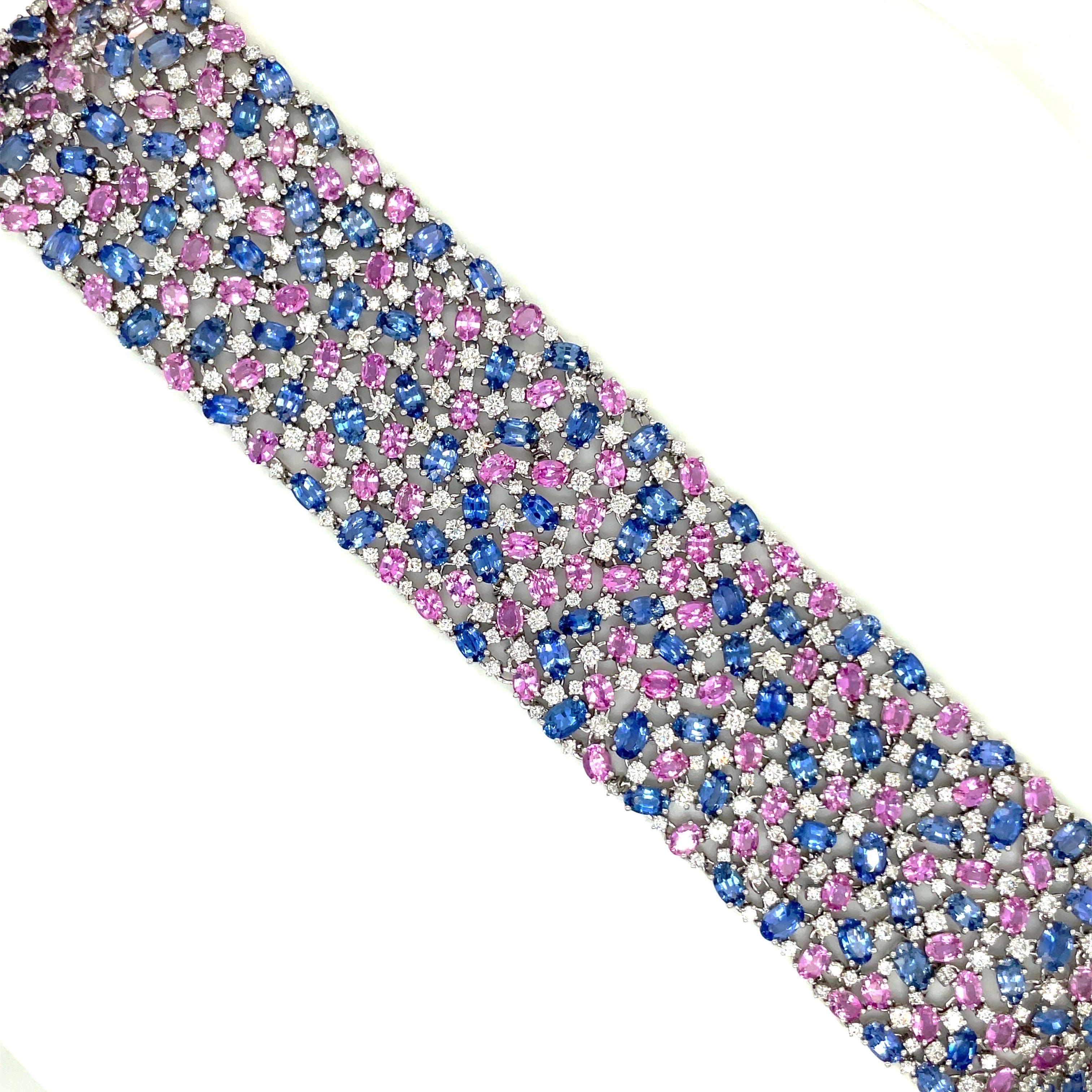 Modern Sutra 18KT WG Mesh Bracelet 33.54Ct Blue Saph 21.80Ct Pink Saph 8.68Ct Diamond For Sale