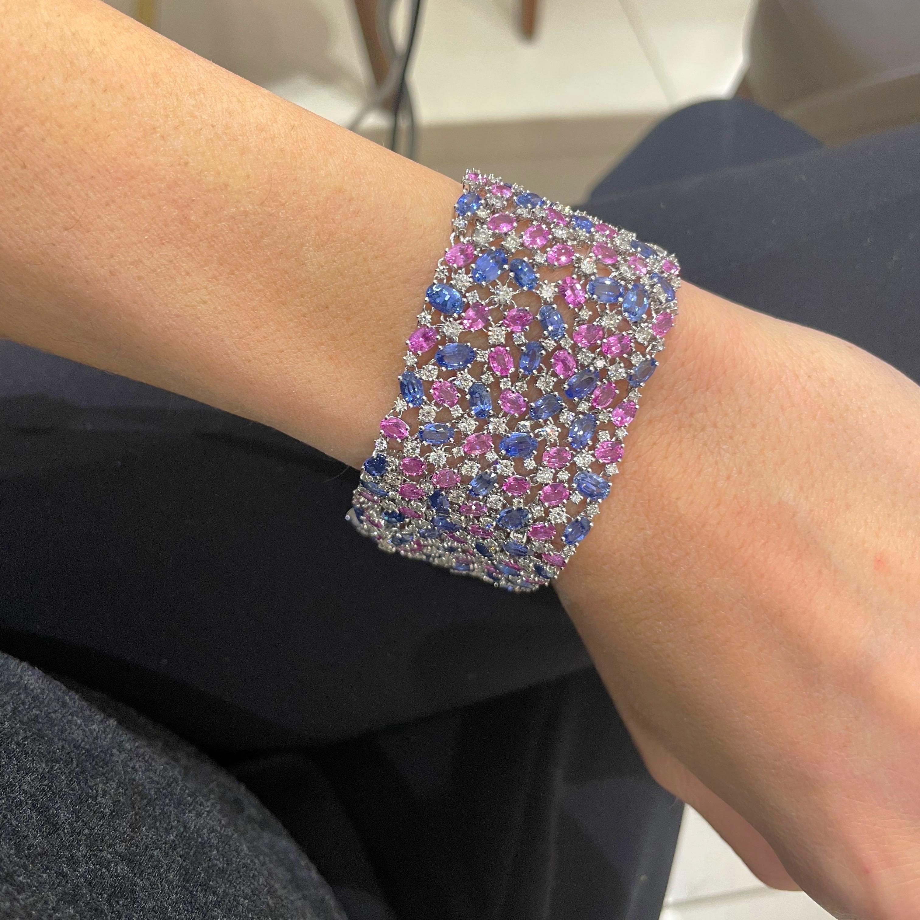 Sutra 18KT WG Mesh Bracelet 33.54Ct Blue Saph 21.80Ct Pink Saph 8.68Ct Diamond In New Condition For Sale In New York, NY