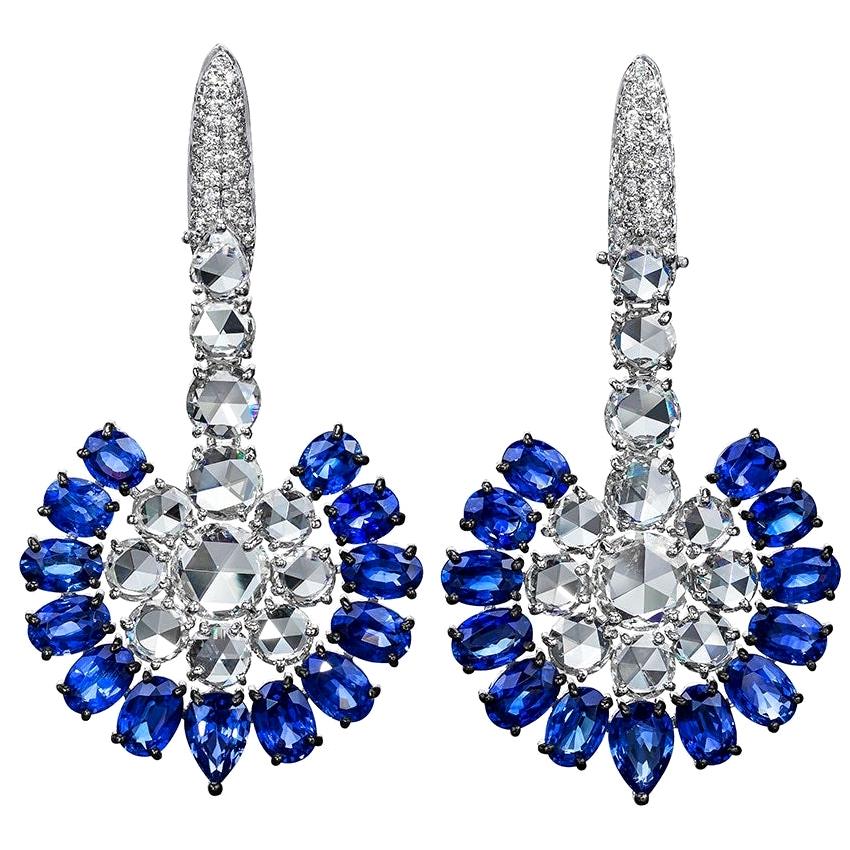 Sutra 18KT White Gold, 14.28CT. Blue Sapphire & 8.52 Carat Diamond Fan Earrings For Sale