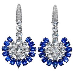 Sutra 18KT White Gold, 14.28CT. Blue Sapphire & 8.52 Carat Diamond Fan Earrings