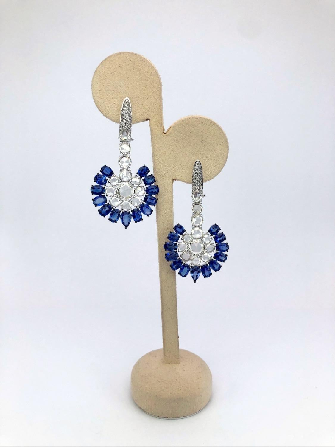 Art Deco Sutra 18KT White Gold, 14.28CT. Blue Sapphire & 8.52 Carat Diamond Fan Earrings For Sale
