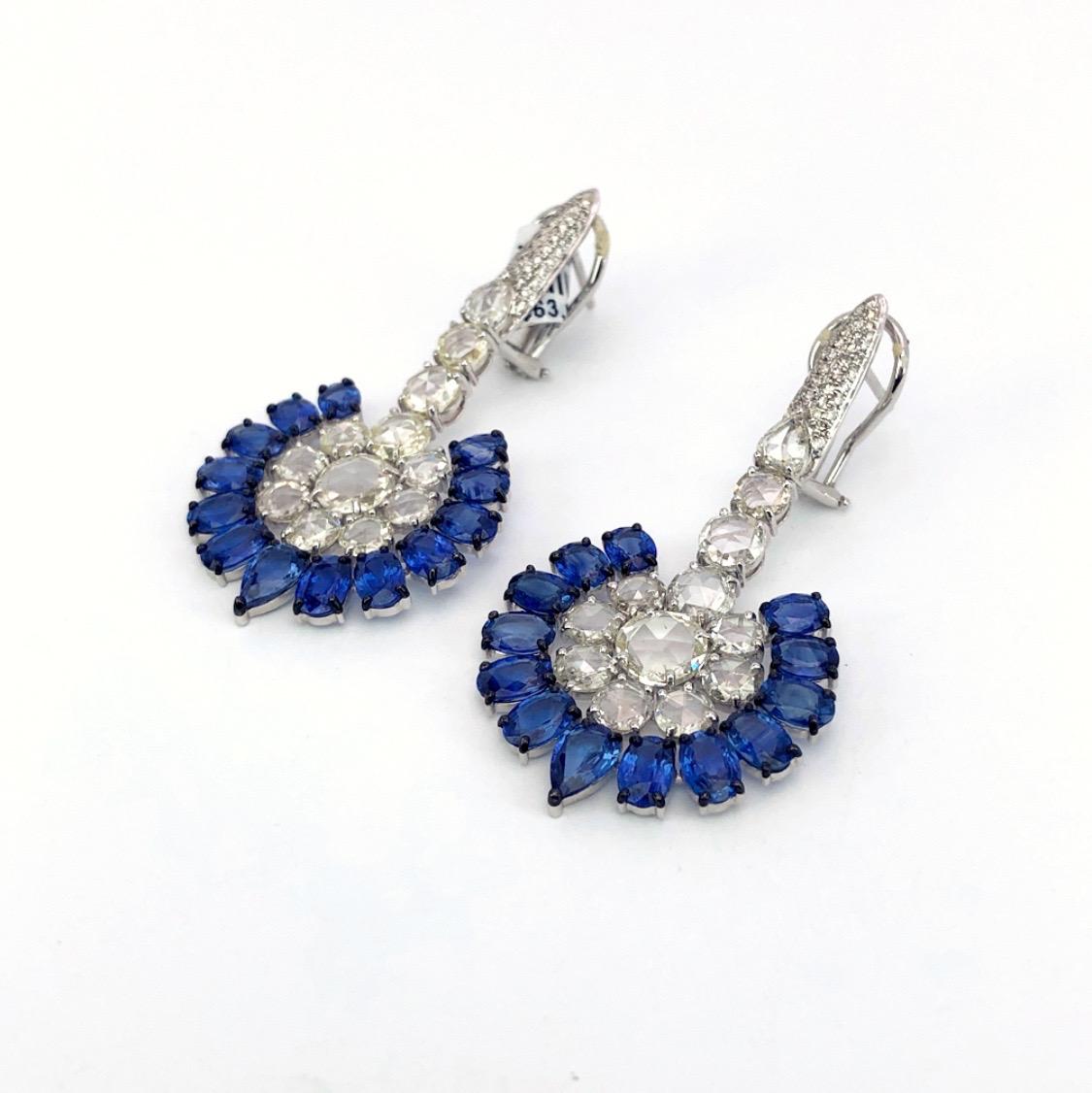 Rose Cut Sutra 18KT White Gold, 14.28CT. Blue Sapphire & 8.52 Carat Diamond Fan Earrings For Sale