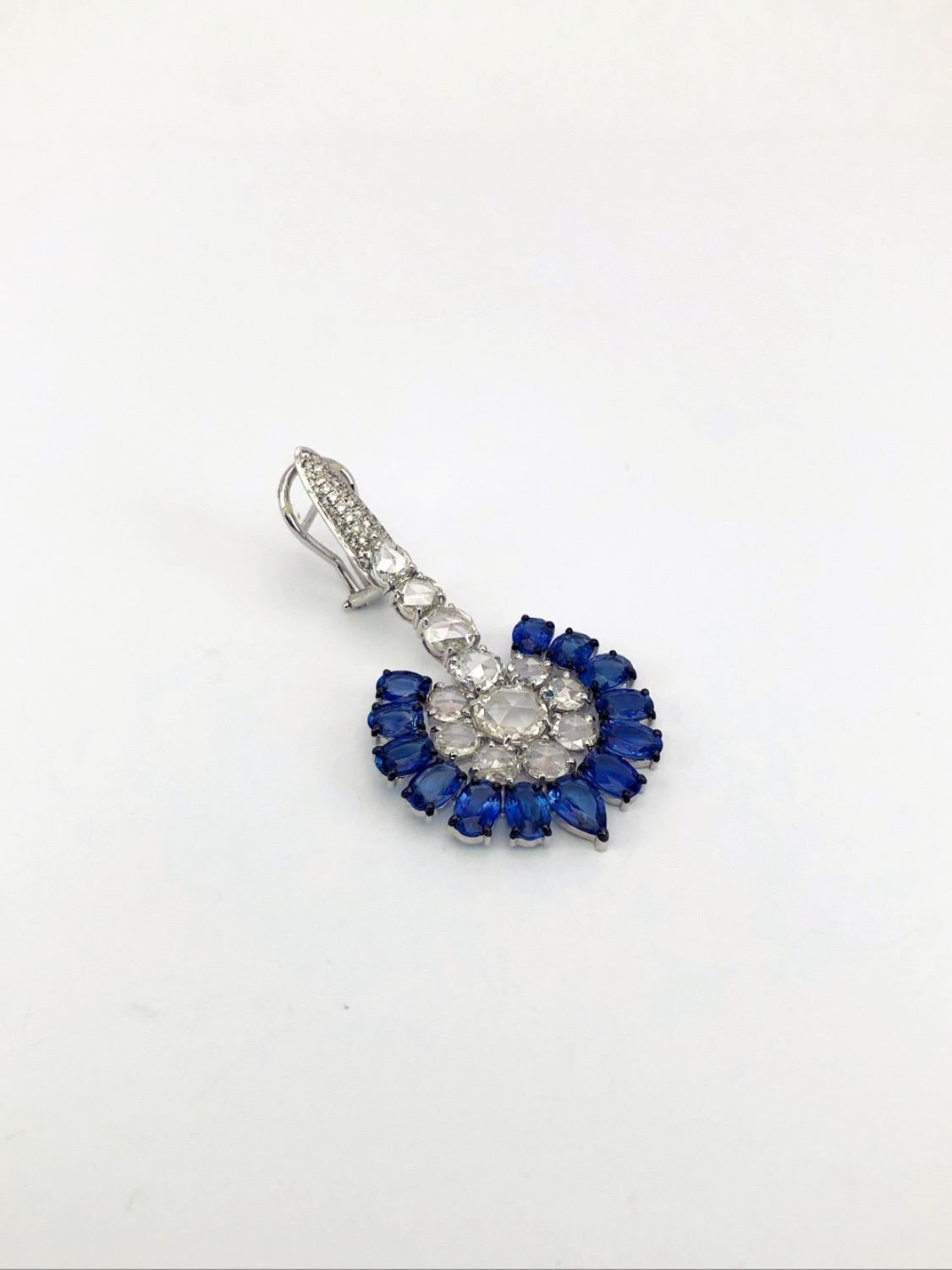 Sutra 18KT White Gold, 14.28CT. Blue Sapphire & 8.52 Carat Diamond Fan Earrings In New Condition For Sale In New York, NY