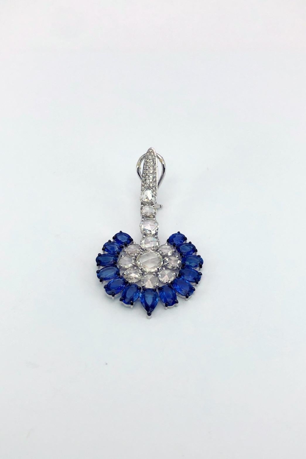 Women's or Men's Sutra 18KT White Gold, 14.28CT. Blue Sapphire & 8.52 Carat Diamond Fan Earrings For Sale