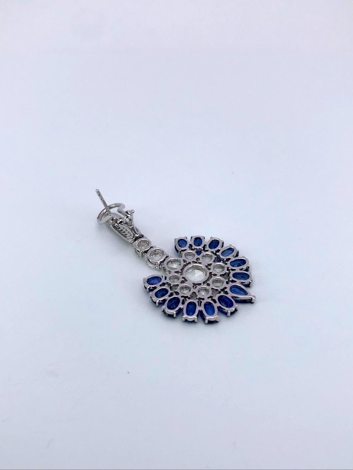 Sutra 18KT White Gold, 14.28CT. Blue Sapphire & 8.52 Carat Diamond Fan Earrings For Sale 1