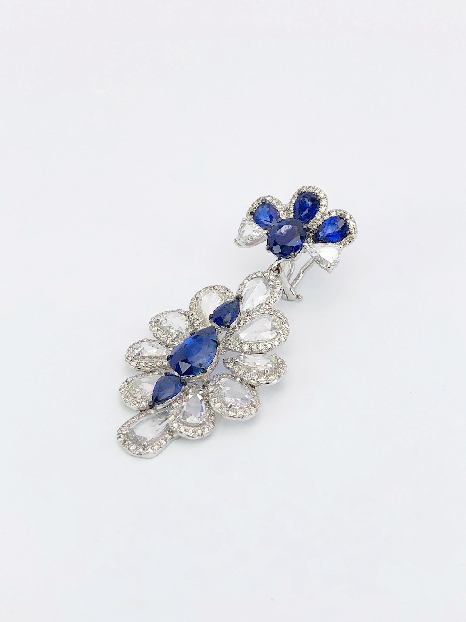 Contemporary Sutra 18 Karat Gold Flower Drop Earrings with Rose Cut Diamonds and Sapphires For Sale