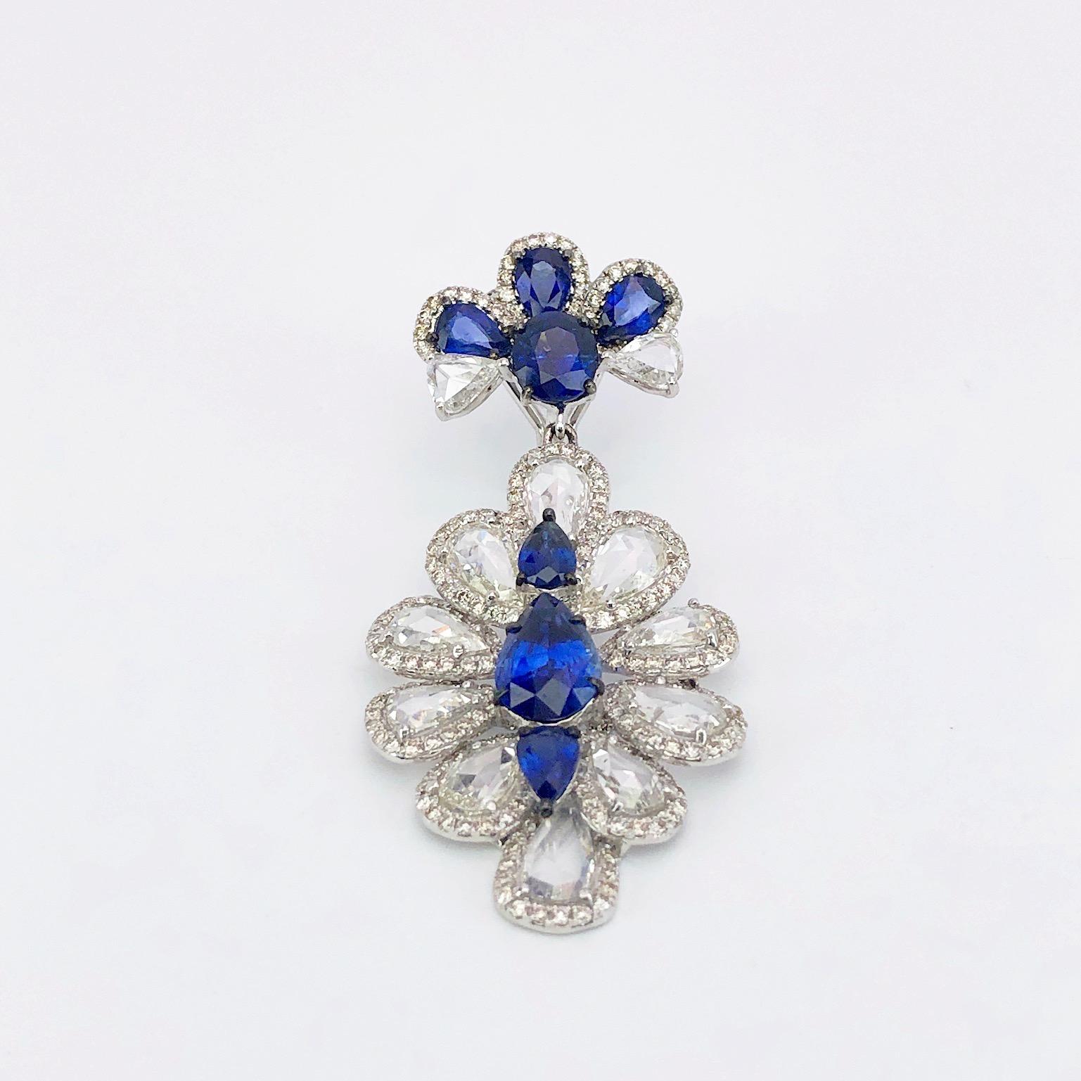 Sutra 18 Karat Gold Flower Drop Earrings with Rose Cut Diamonds and Sapphires In New Condition For Sale In New York, NY