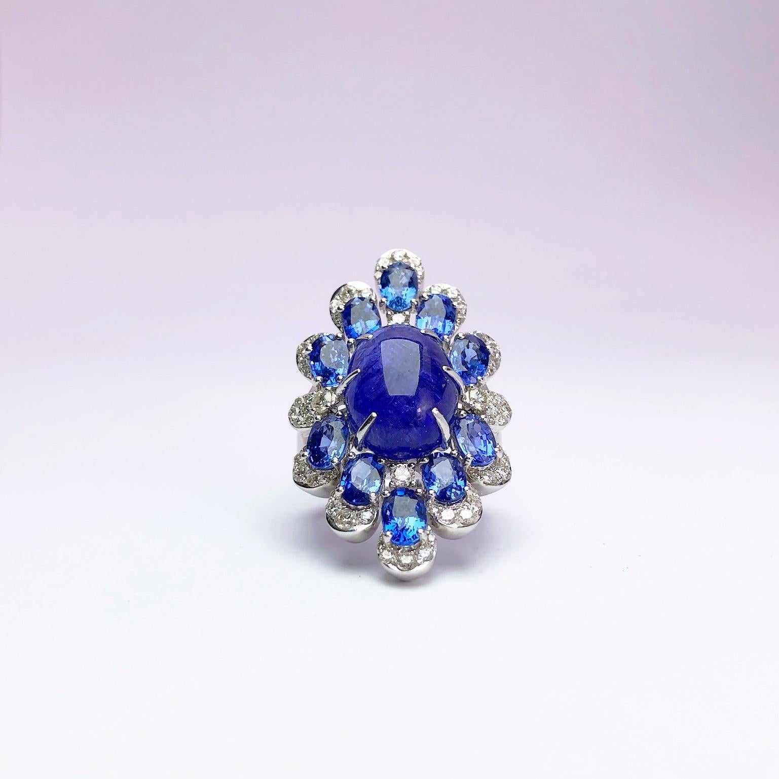 Women's or Men's Sutra 18 Karat Gold Ring with Cabochon Tanzanite, Blue Sapphires and Diamonds