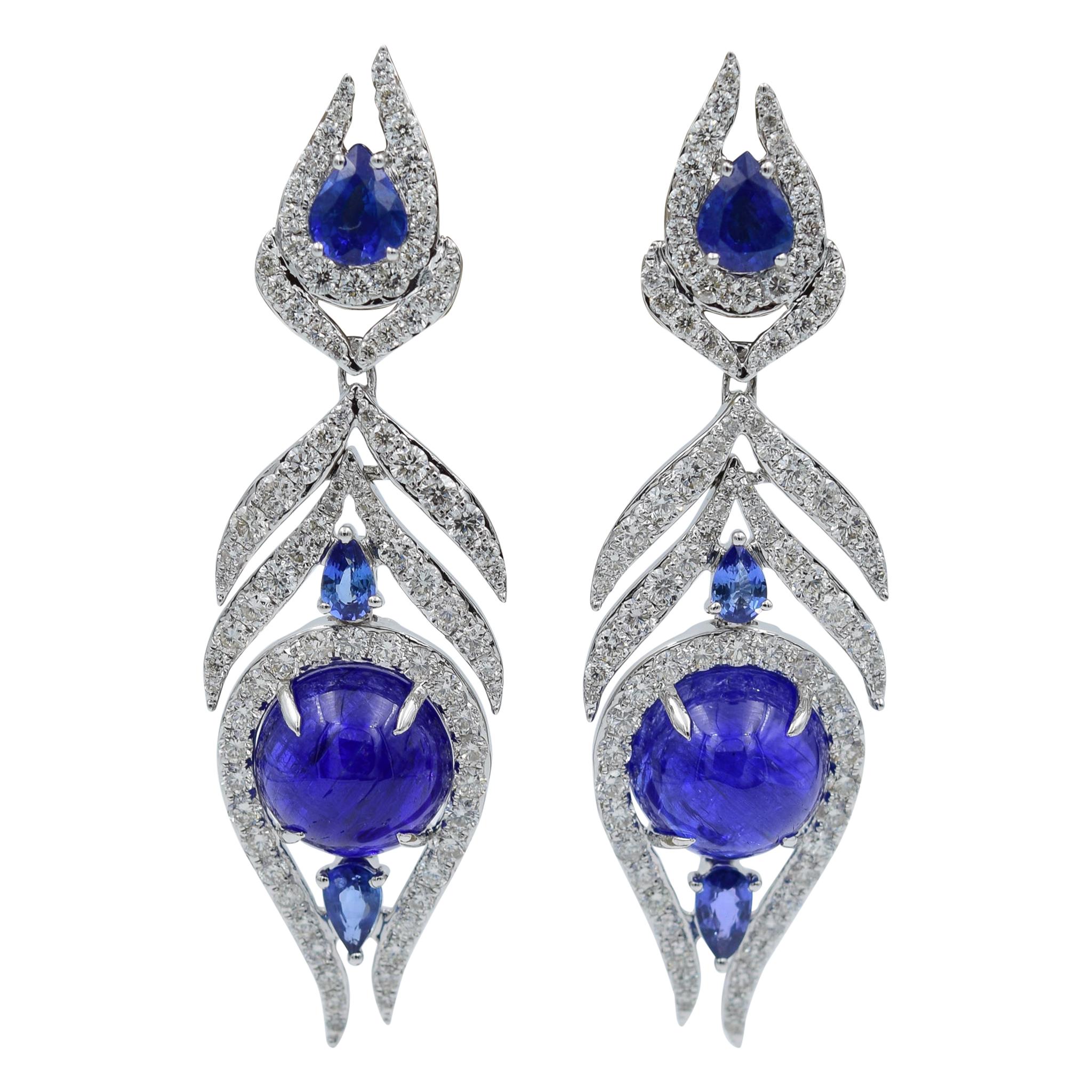 Sutra Feather Earrings in 18 Karat Gold with Tanzanite Sapphire and Diamond