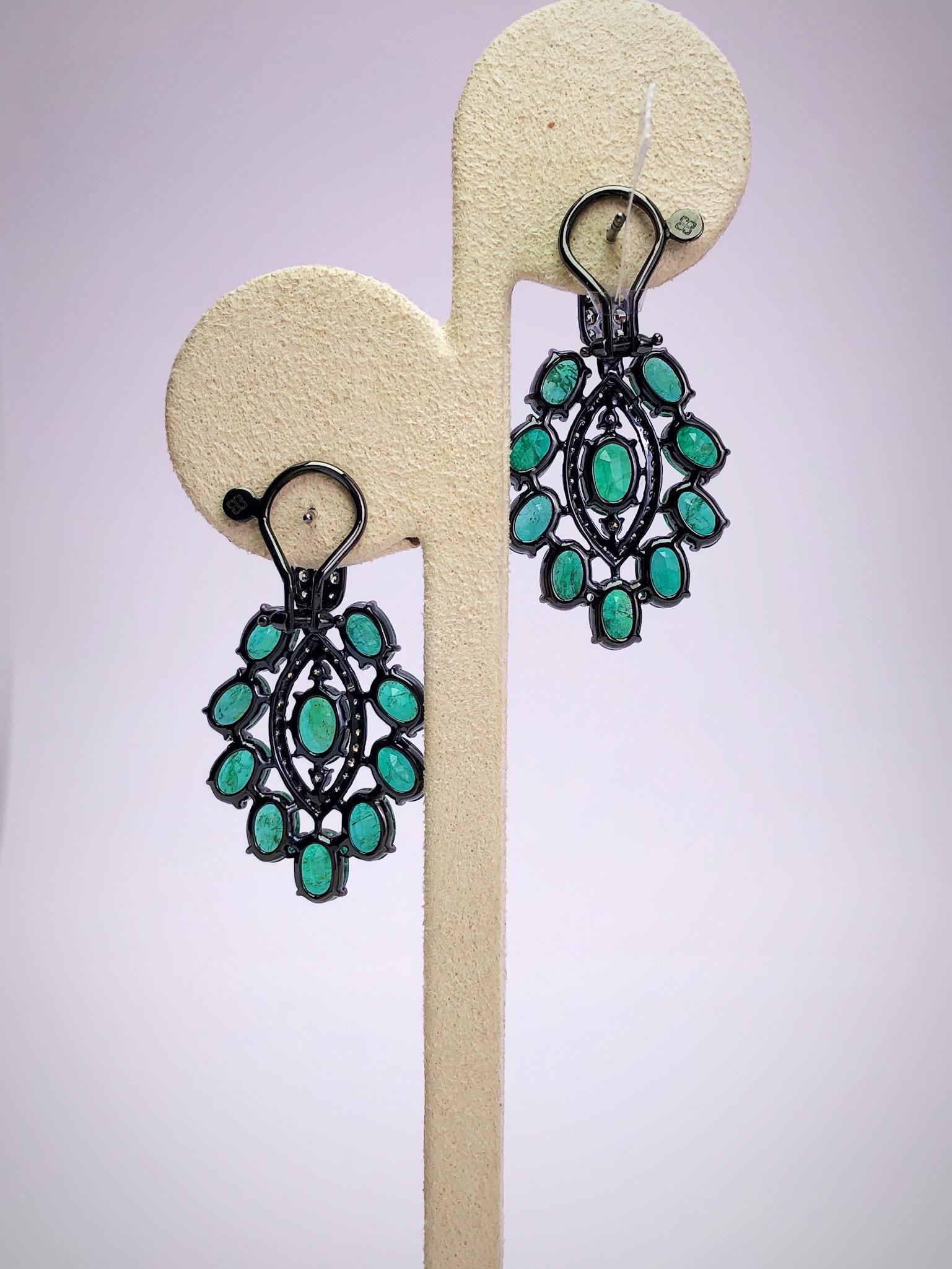 Oval Cut Sutra Jewels 18KT Blackened Gold Drop Earrings with 15.92Ct. Emeralds & Diamonds