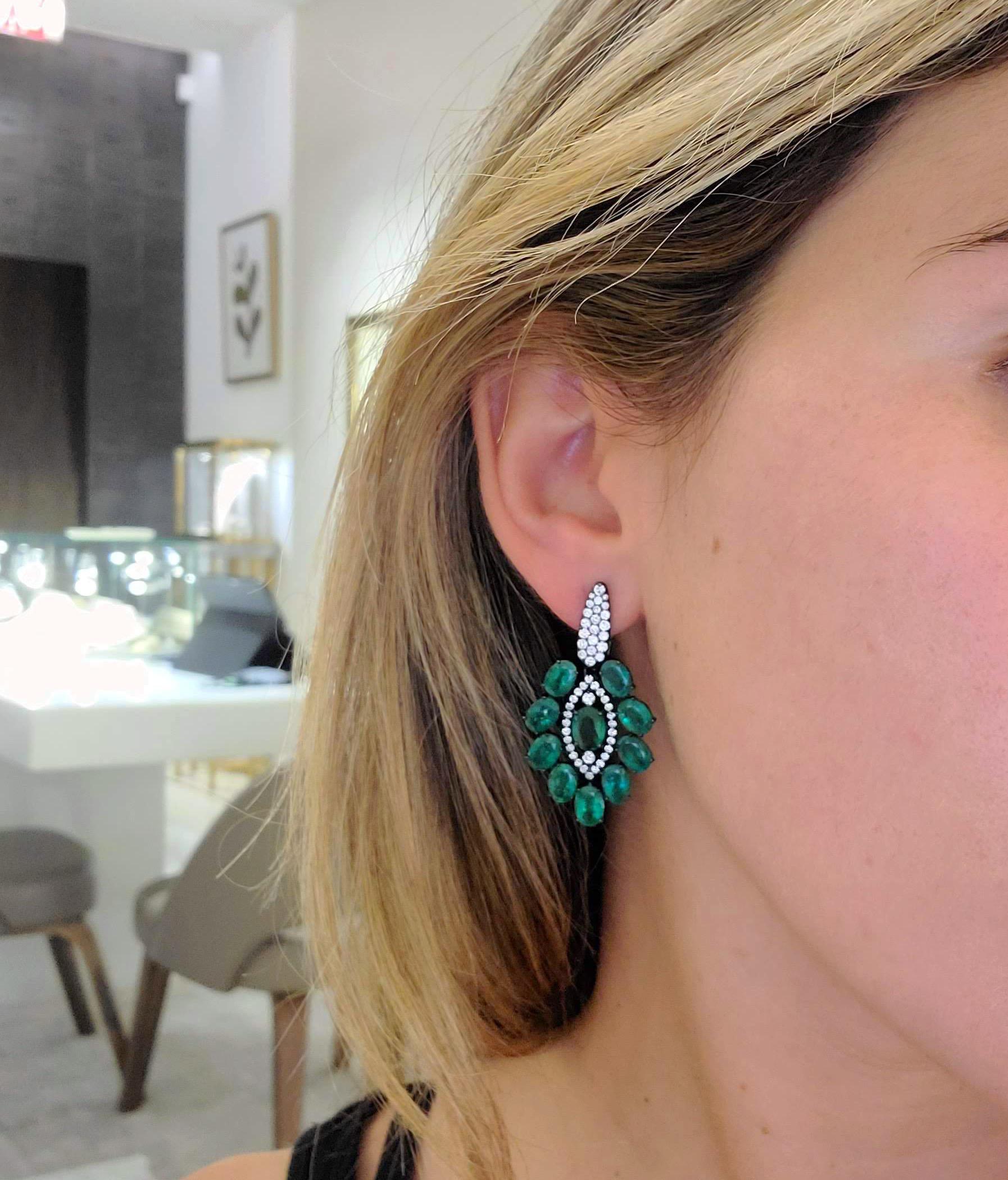 Sutra Jewels 18KT Blackened Gold Drop Earrings with 15.92Ct. Emeralds & Diamonds In New Condition In New York, NY