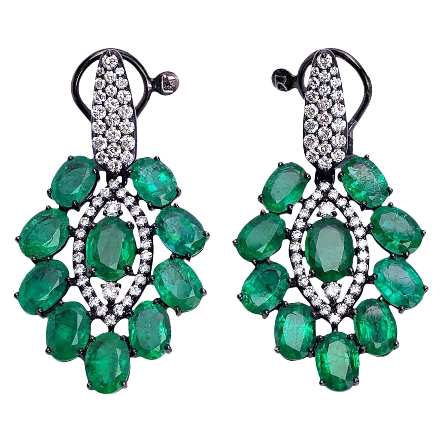 Sutra Jewels 18KT Blackened Gold Drop Earrings with 15.92Ct. Emeralds & Diamonds