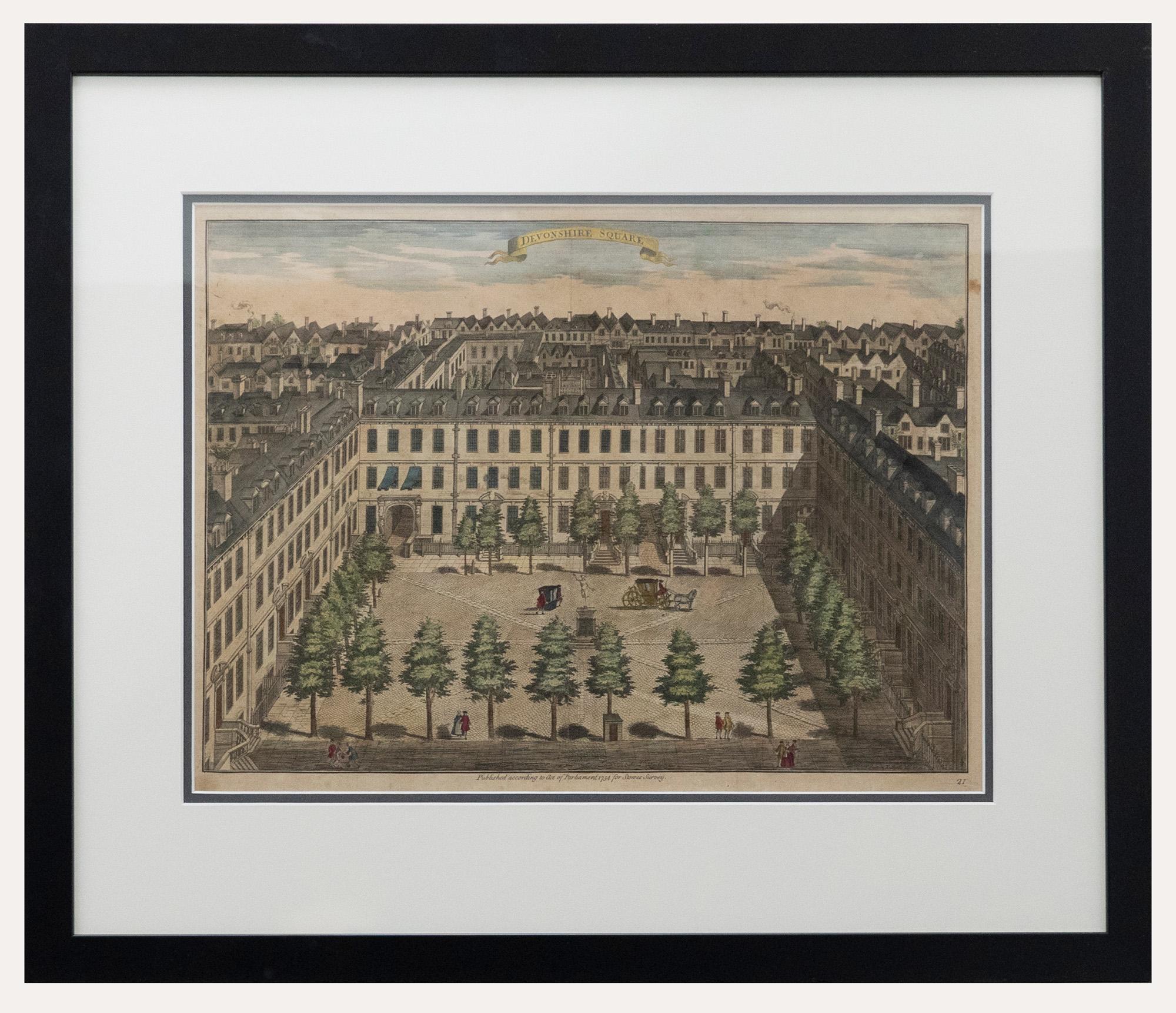 A bird's eye view of Devonshire Square, engraved by British master Sutton Nicholls. Published according to the act of Parliament in 1754 for Stow's Survey of London. This detailed engraving has been finished with hand colouring. Signed in plate to