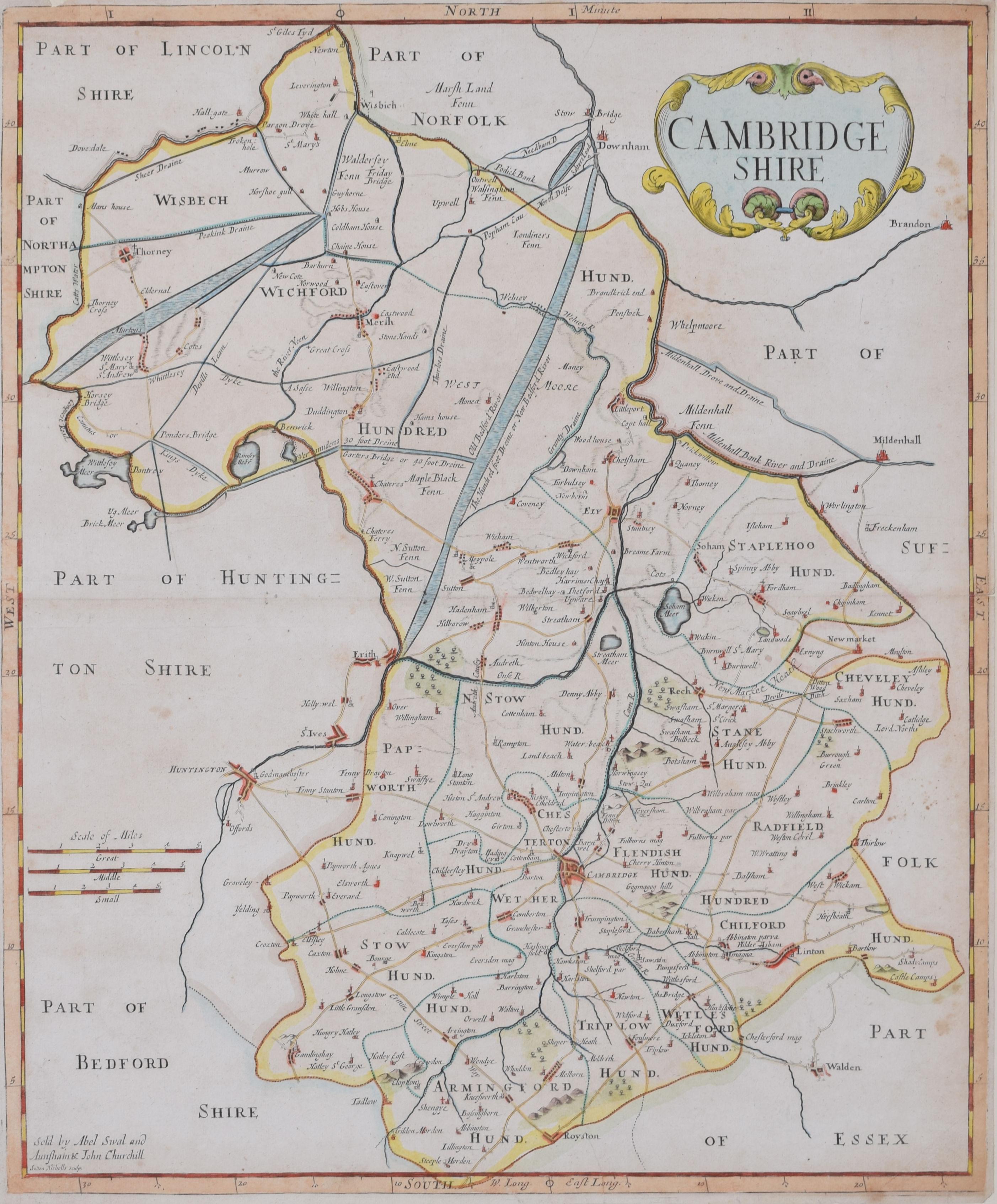 To see more, scroll down to "More from this Seller" and below it click on "See all from this Seller." 

Sutton Nichols (1668 - 1729)
Map of Cambridgeshire
Engraving
43 x 36 cm

Signed in plate lower left.

A beautifully coloured 18th century map