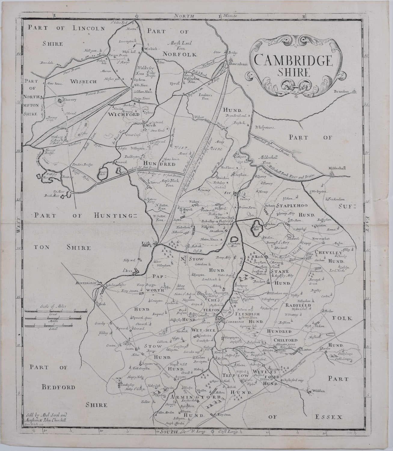 Sutton Nichols Landscape Print - Map of Cambridgeshire, 18th century engraving by Sutton Nicholls