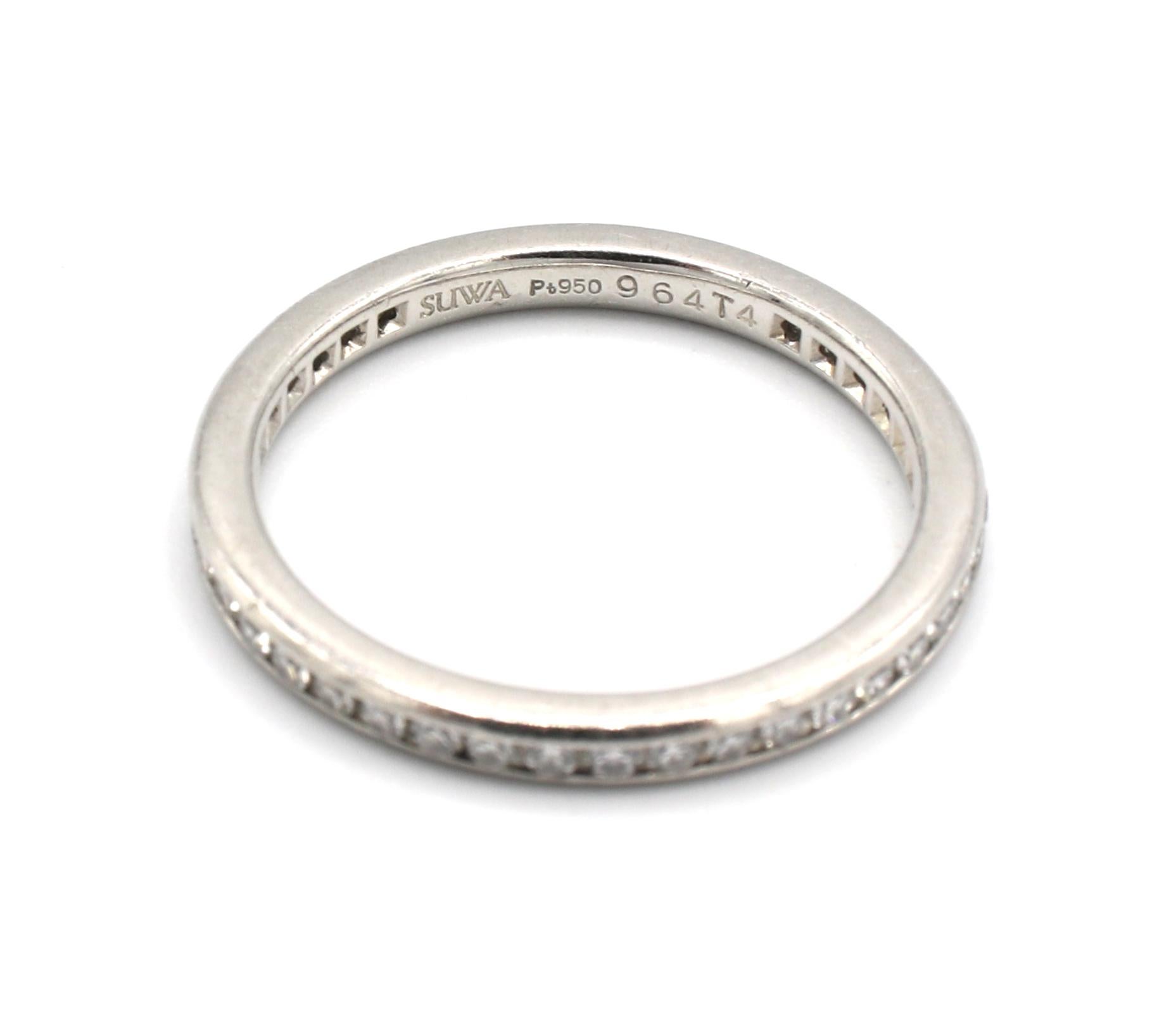 SUWA Platinum .25 Carat Diamond Eternity Band Ring 
Metal: Platinum
Weight: 2.63 grams
Diamonds: Approx. 0.25 carat single cut diamonds G VS
Size: 5 (US)
Width: 2mm
Box included 