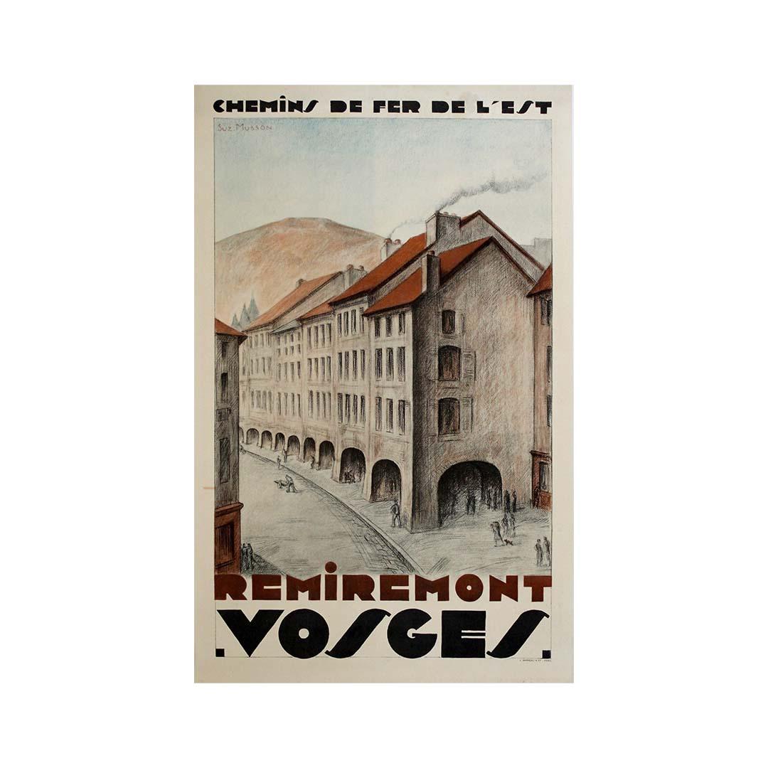 This elegant original travel poster, created around 1930 by Suz. Musson, was produced for the Chemins de fer de l’Est to promote the town of Remiremont, nestled in the foothills of the Vosges mountains in northeastern France.

Known as the “Gateway