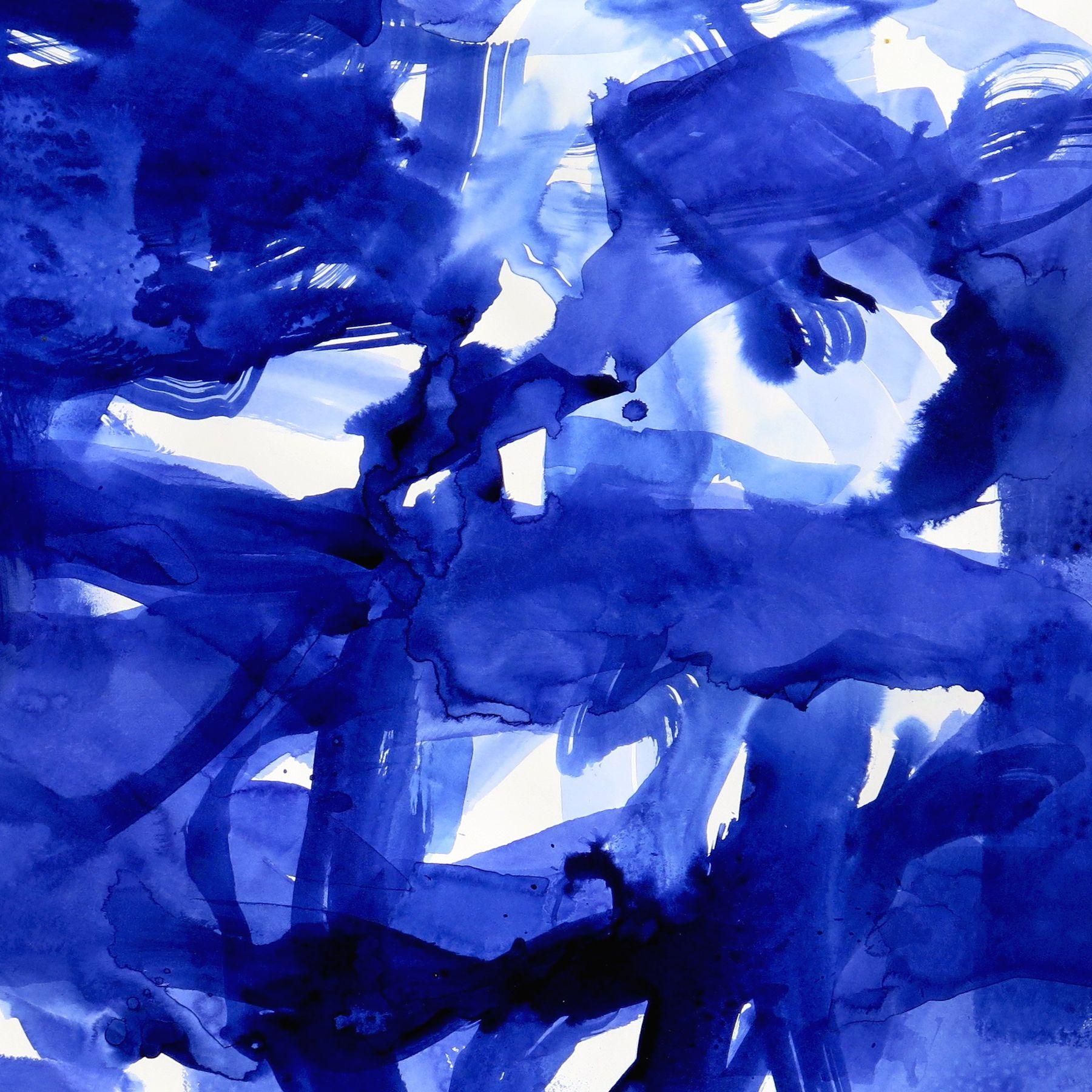 Peinture - Acrylique sur papier - Voile SF Bay / mer de mer - Bleu Abstract Painting par Suz Shippey Borski