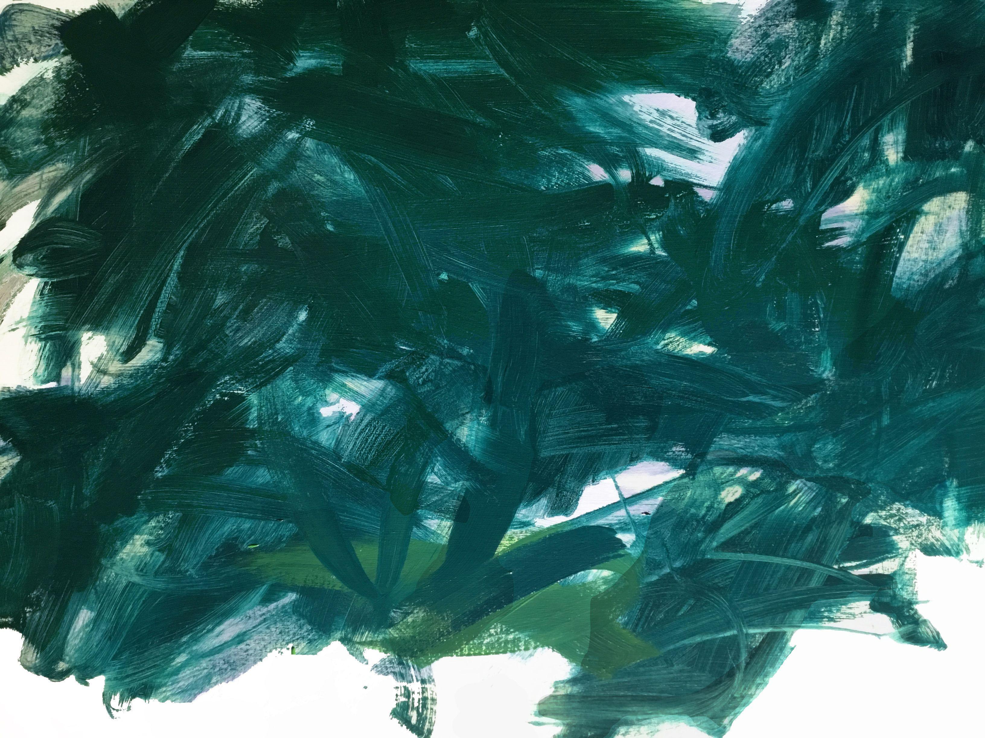 Waiting for rain - the return of green.   This painting is made up of shades of greens, verdant.   The work embraces the spirit nature and a sanctuary of gardens and trees - fresh tranquility and mindfulness.   The brushwork is spontaneous with