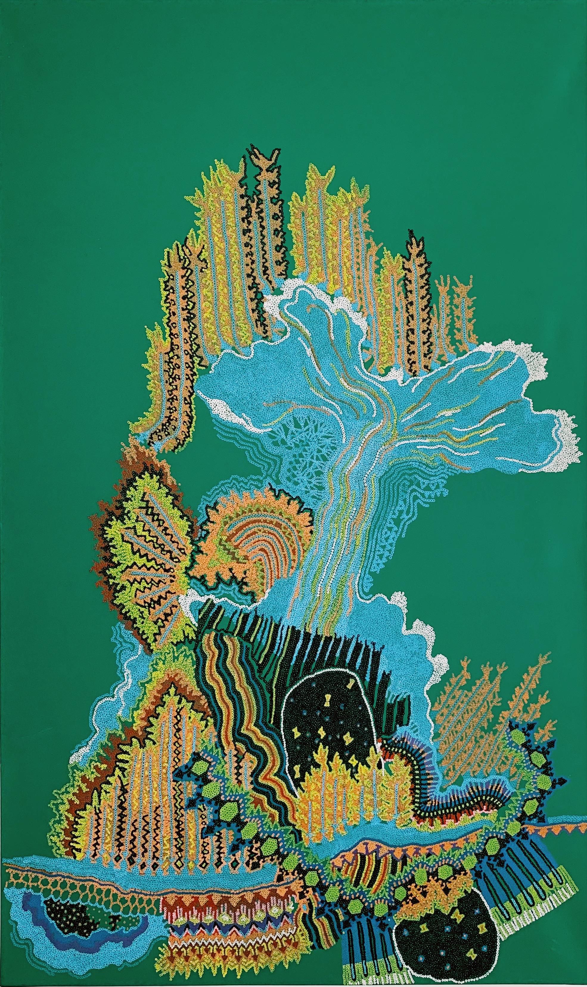 Abstract Painting di Suzan Batu - La dea degli spruzzi d'acqua risveglia la natura, 2019, acrilico su tela, etnico