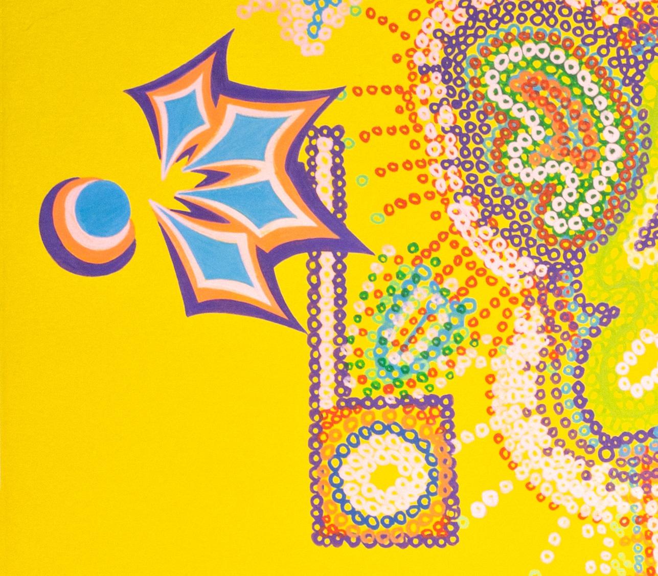 Sacred Games, 2018, Acryl auf Leinwand, 35 x 55 cm – gelbes abstraktes Gemälde – Painting von Suzan Batu