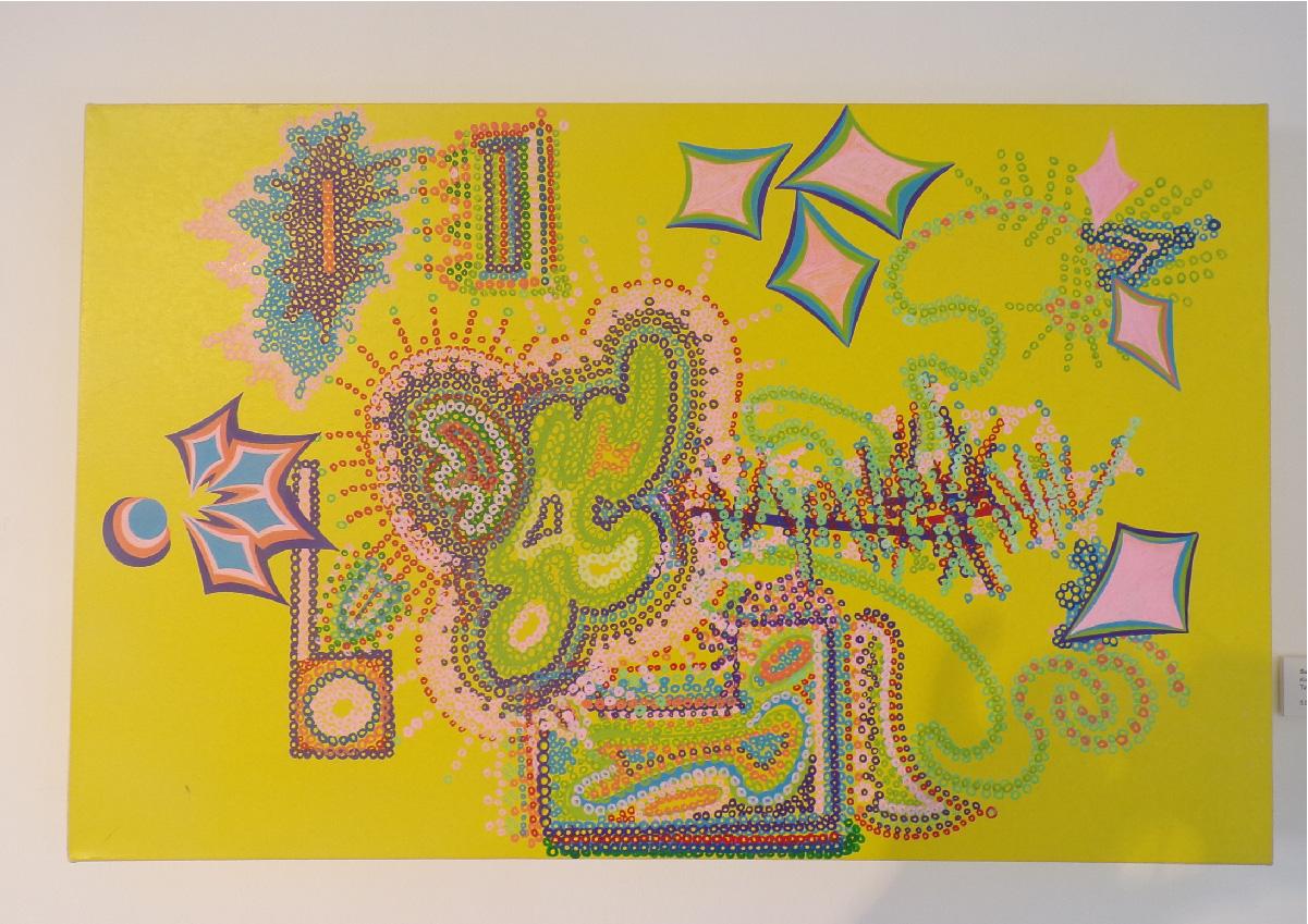 Sacred Games, 2018, Acryl auf Leinwand, 35 x 55 cm – gelbes abstraktes Gemälde (Geometrische Abstraktion), Painting, von Suzan Batu