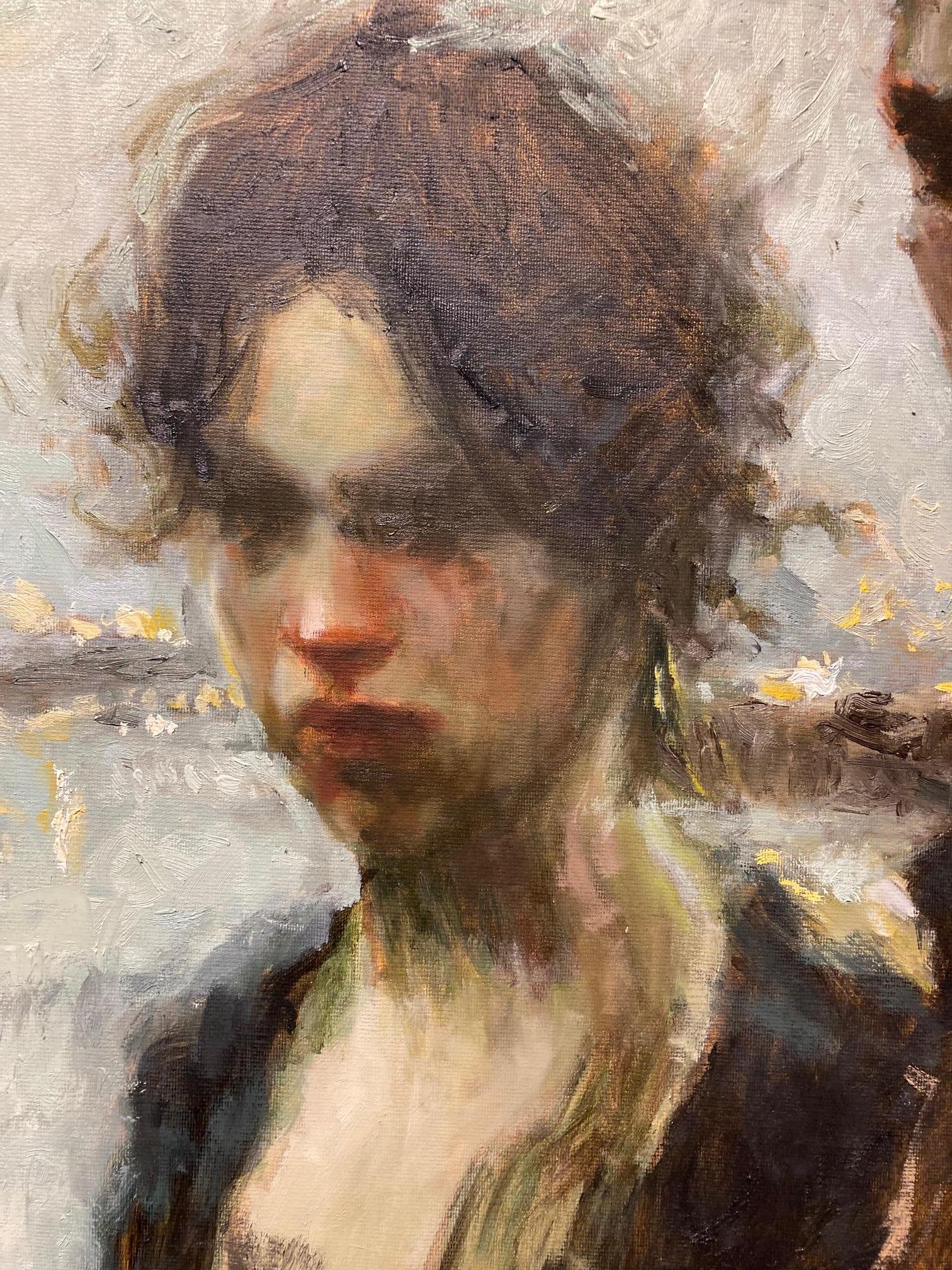 Before the Moment Breaks Ölgemälde auf Leinwand Romance Harbour Auf Lager (Beige), Figurative Painting, von Suzan Schuttelaar