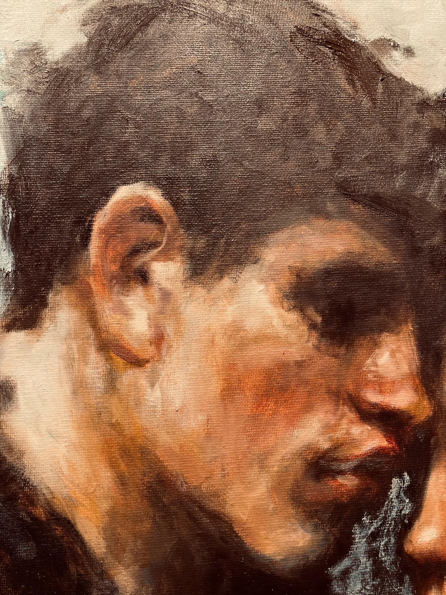 Zwischen Stille und Berührung Ölgemälde auf Leinen Leinwand Contemporary Auf Lager (Braun), Figurative Painting, von Suzan Schuttelaar