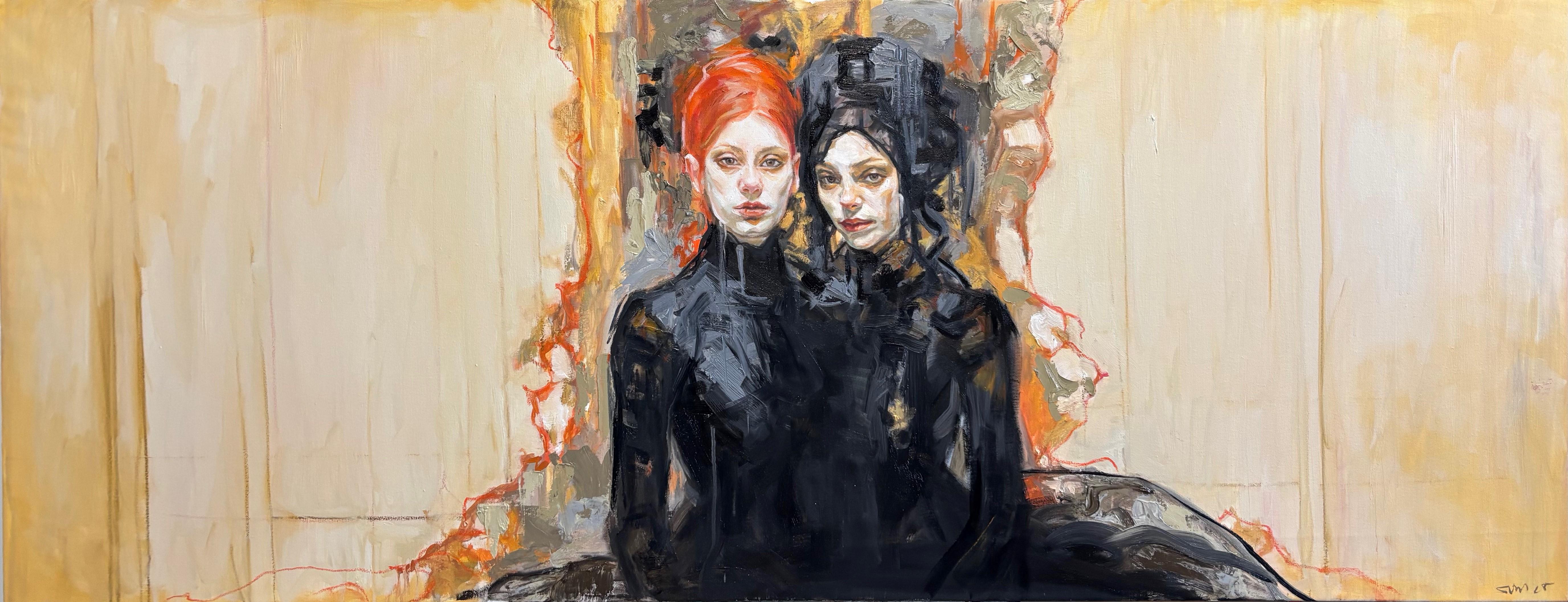 Suzan Schuttelaar Portrait Painting – Between Us, Ölgemälde auf Leinwand, Mädchen und Twins, Dualität, auf Lager