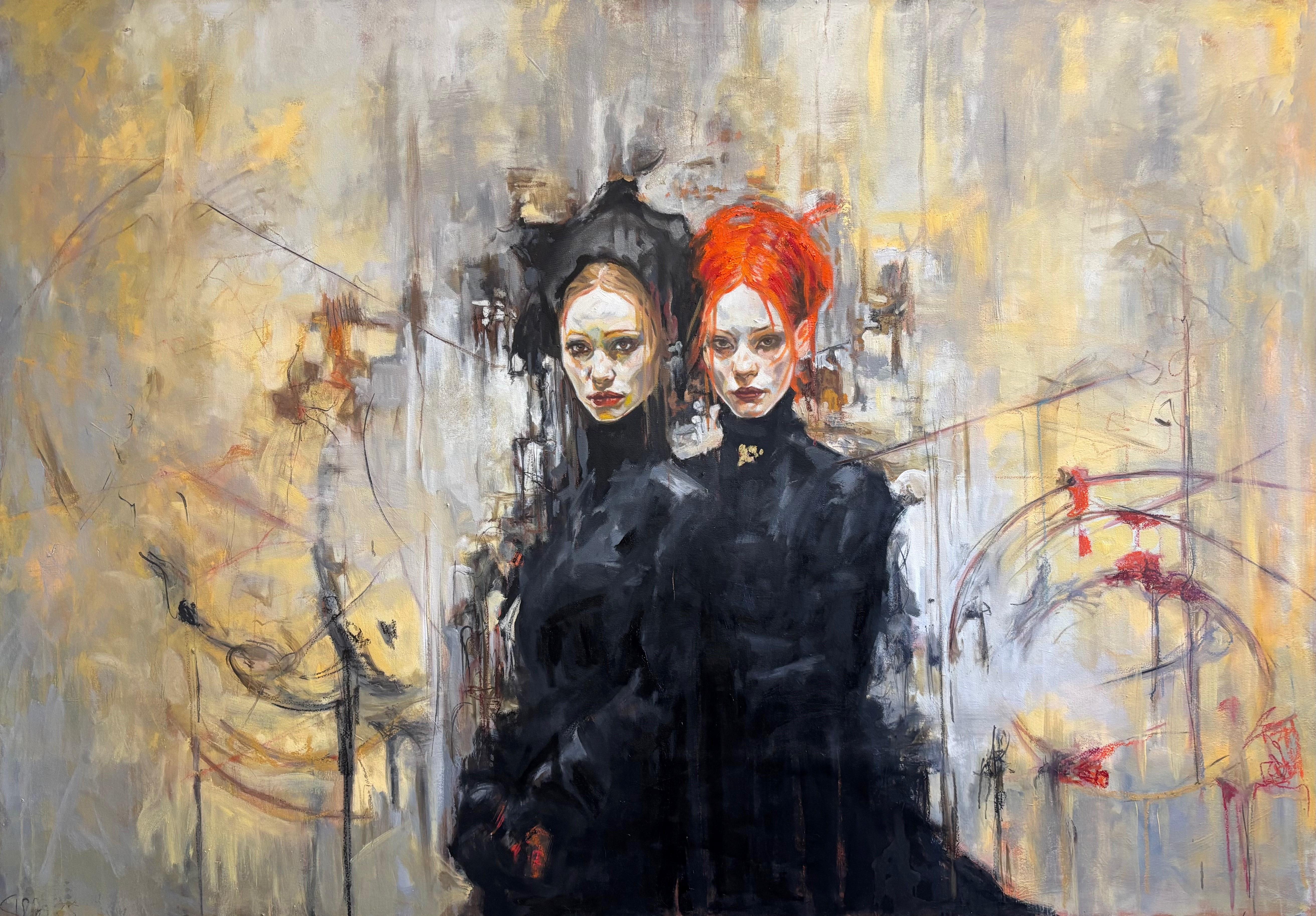 Suzan Schuttelaar Figurative Painting - Between Worlds Oil Painting on Canvas Girls Twins Guardian Angel In Stock