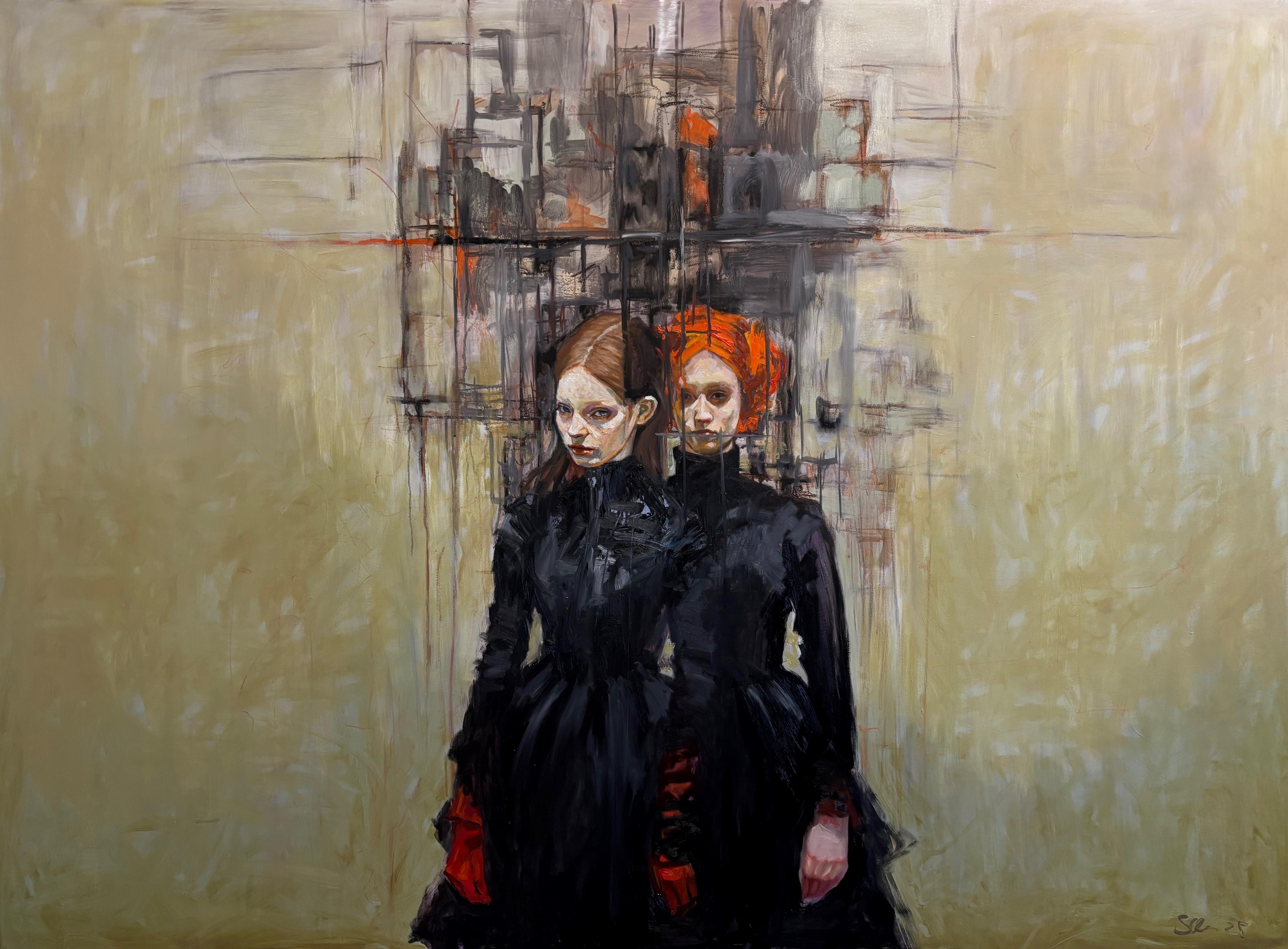 Suzan Schuttelaar Portrait Painting – Devided Selves, Ölgemälde auf Leinwand, Mädchen, Guardian Angel, auf Lager