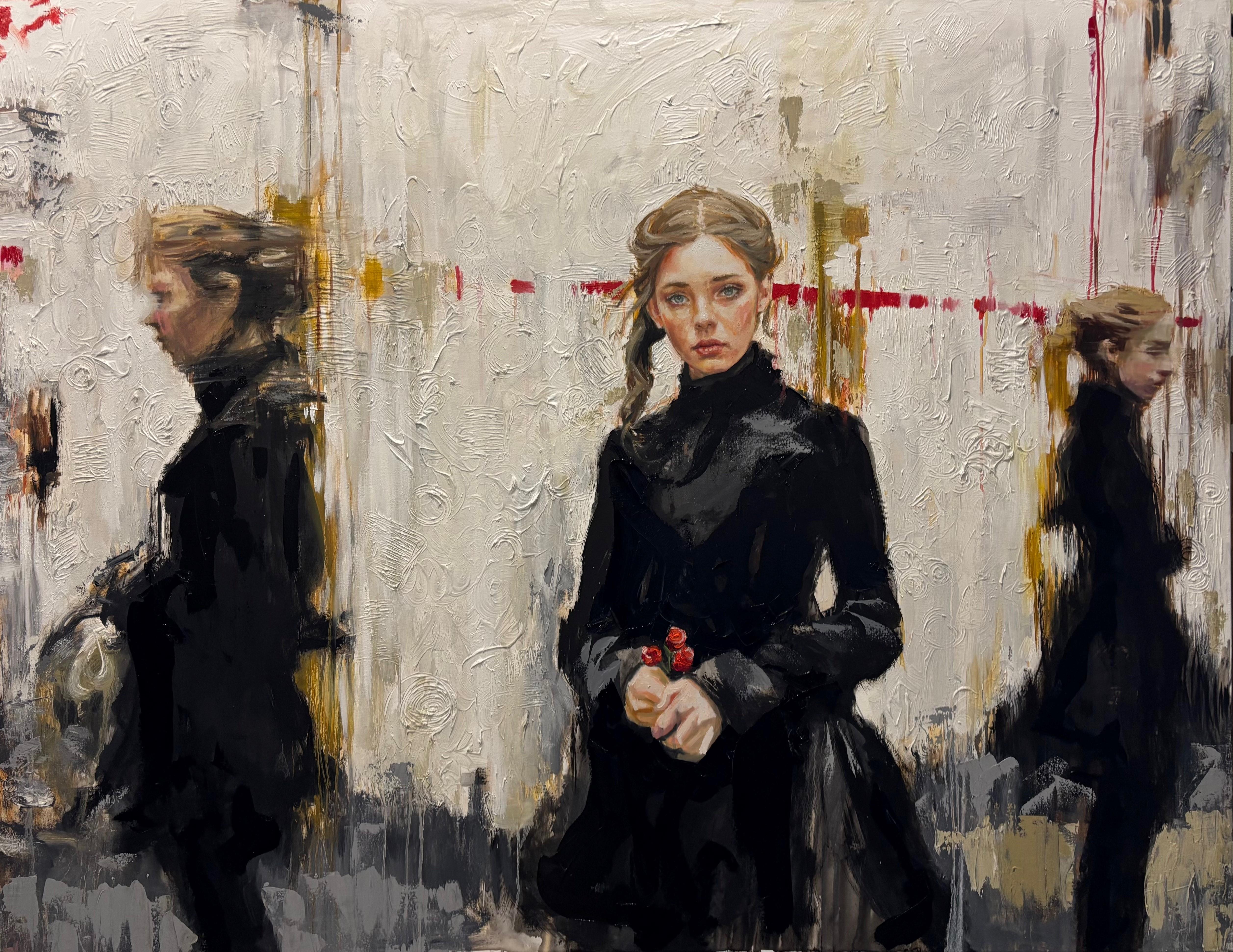 Suzan Schuttelaar Figurative Painting - In her Shadow Oil Painting on Canvas Girl Female Figure Guardian Angel In Stock